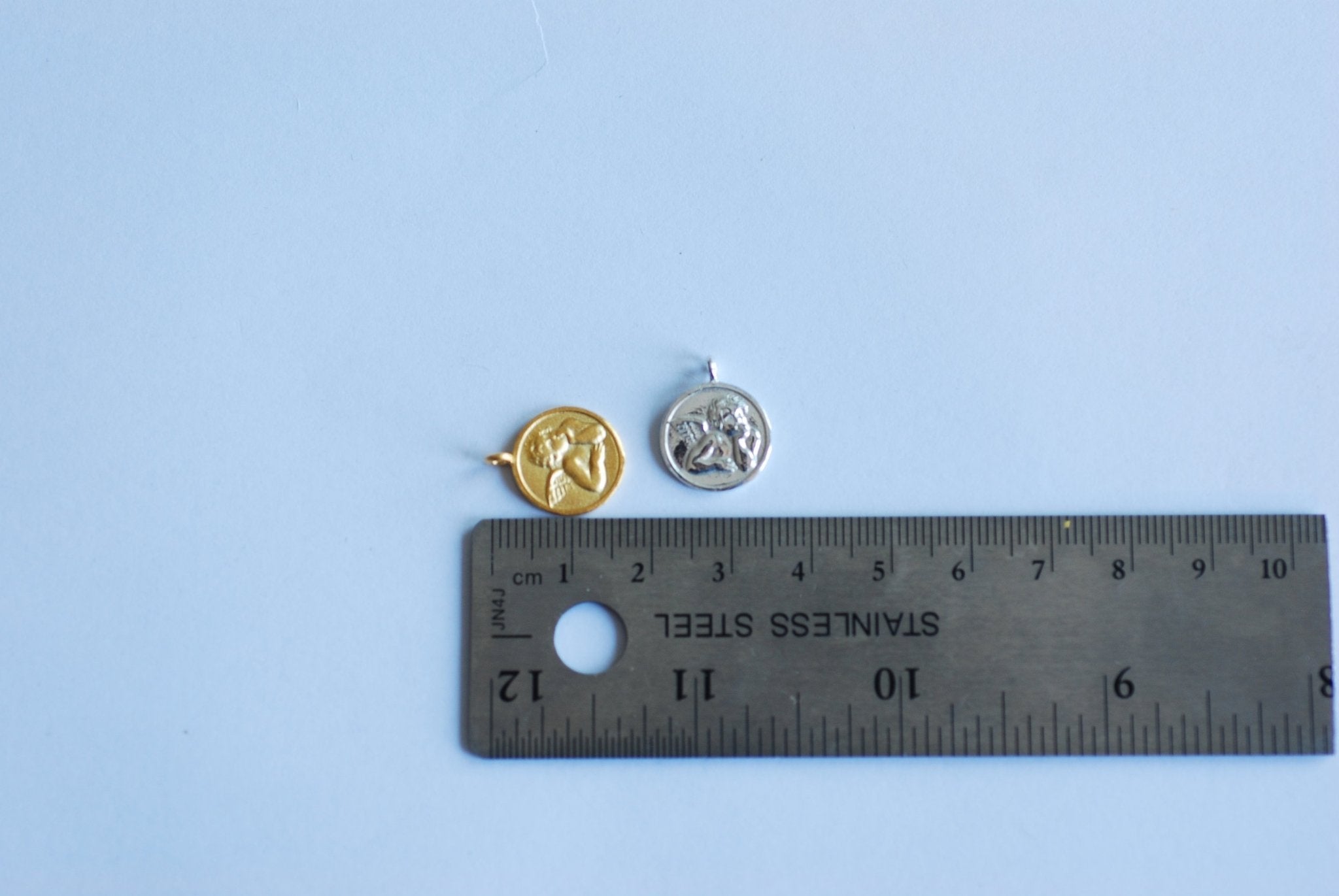 Vermeil Gold Medium Angel Face Round Charm- 22k Gold plated 925 Sterling Silver, angelic cupid wings pendant, Cherubic Angel, Angel, 453 - HarperCrown