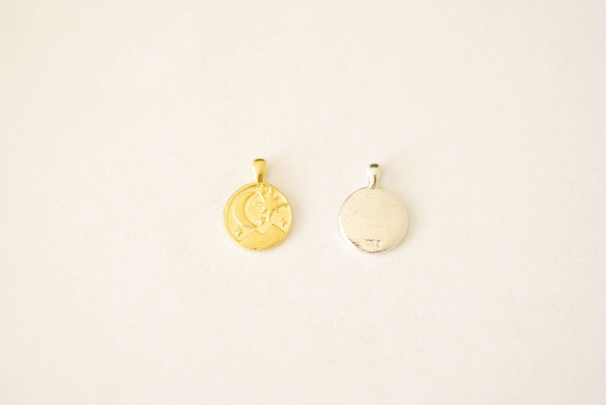 Vermeil Gold Or Sterling Silver Crescent Moon Night Sky Star Mountain Round Charm Starry Night Celestial Round Disc Pendant Wanderlust A105 - HarperCrown