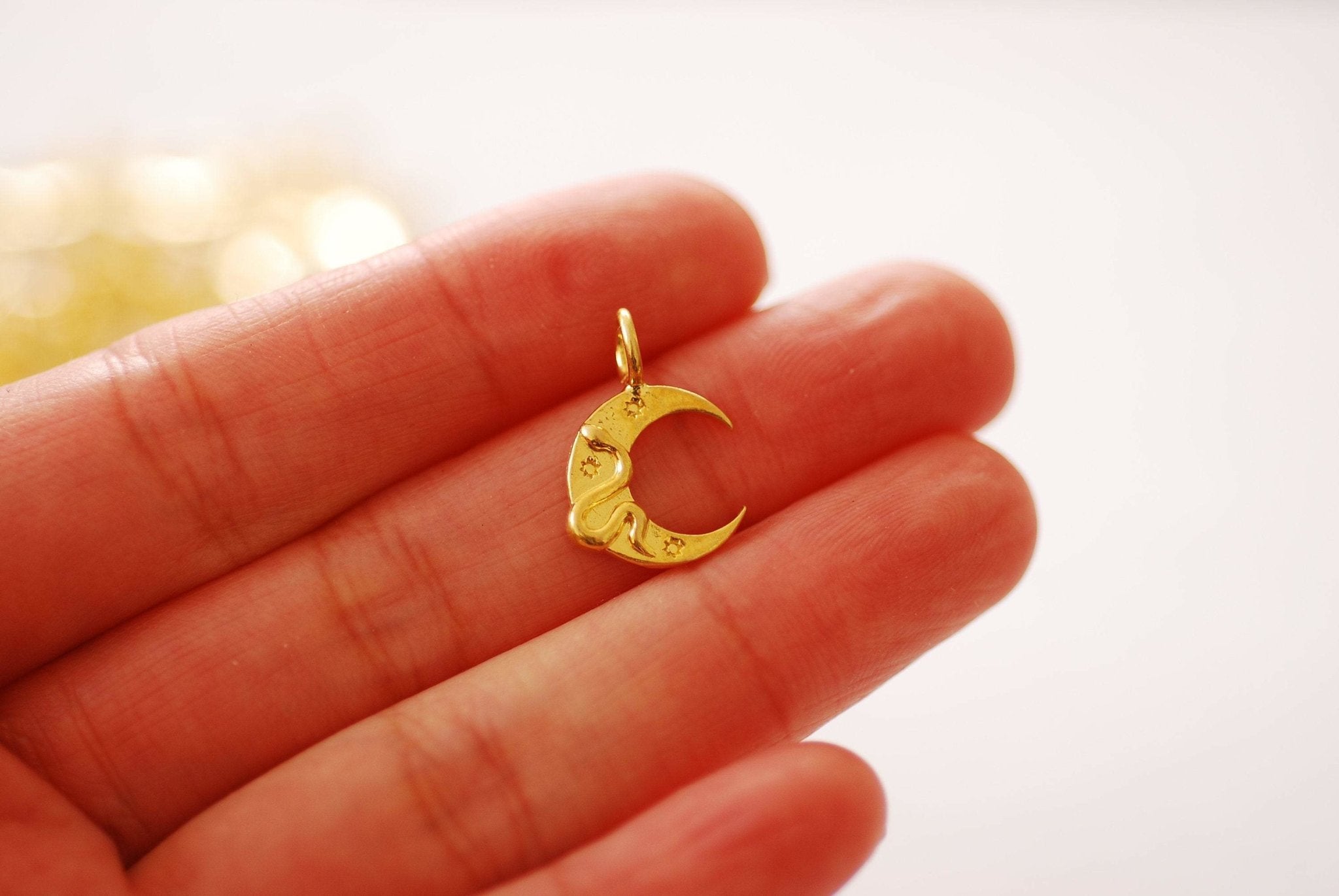 Vermeil Gold or Sterling Silver Crescent Moon Snake Charm - 18k gold plated Crescent Moon Star Snake Celestial Astrology Charm, 544 - HarperCrown
