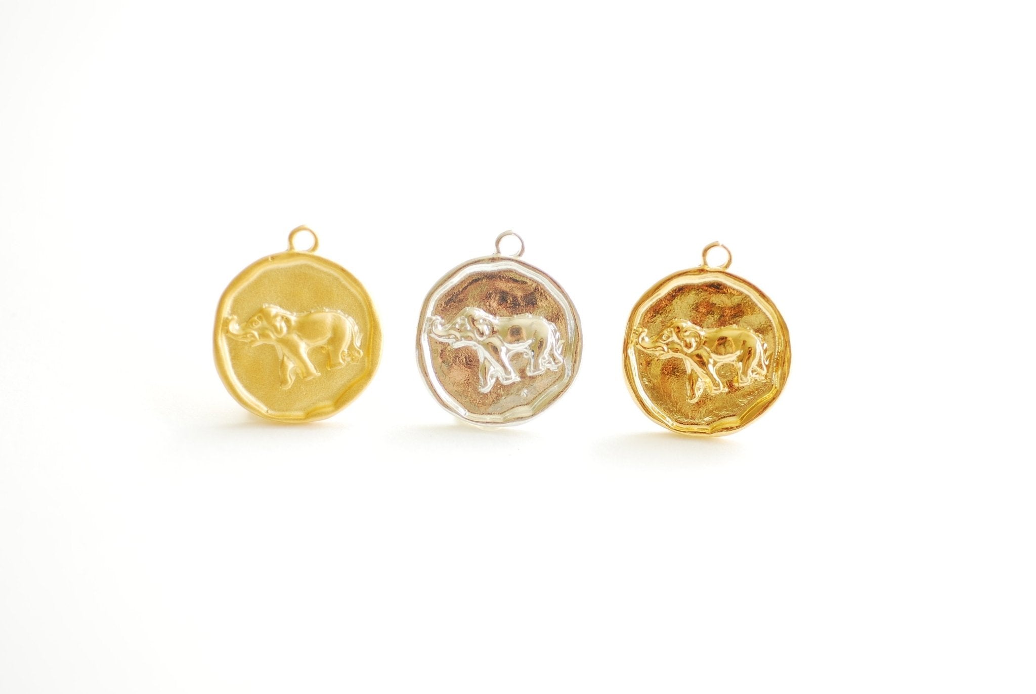 Vermeil Gold Round Elephant Pendant Charm- 18k gold plated over 925 Sterling Silver, Gold Elephant, Silver Elephant, Round Disc, Coin, 477 - HarperCrown