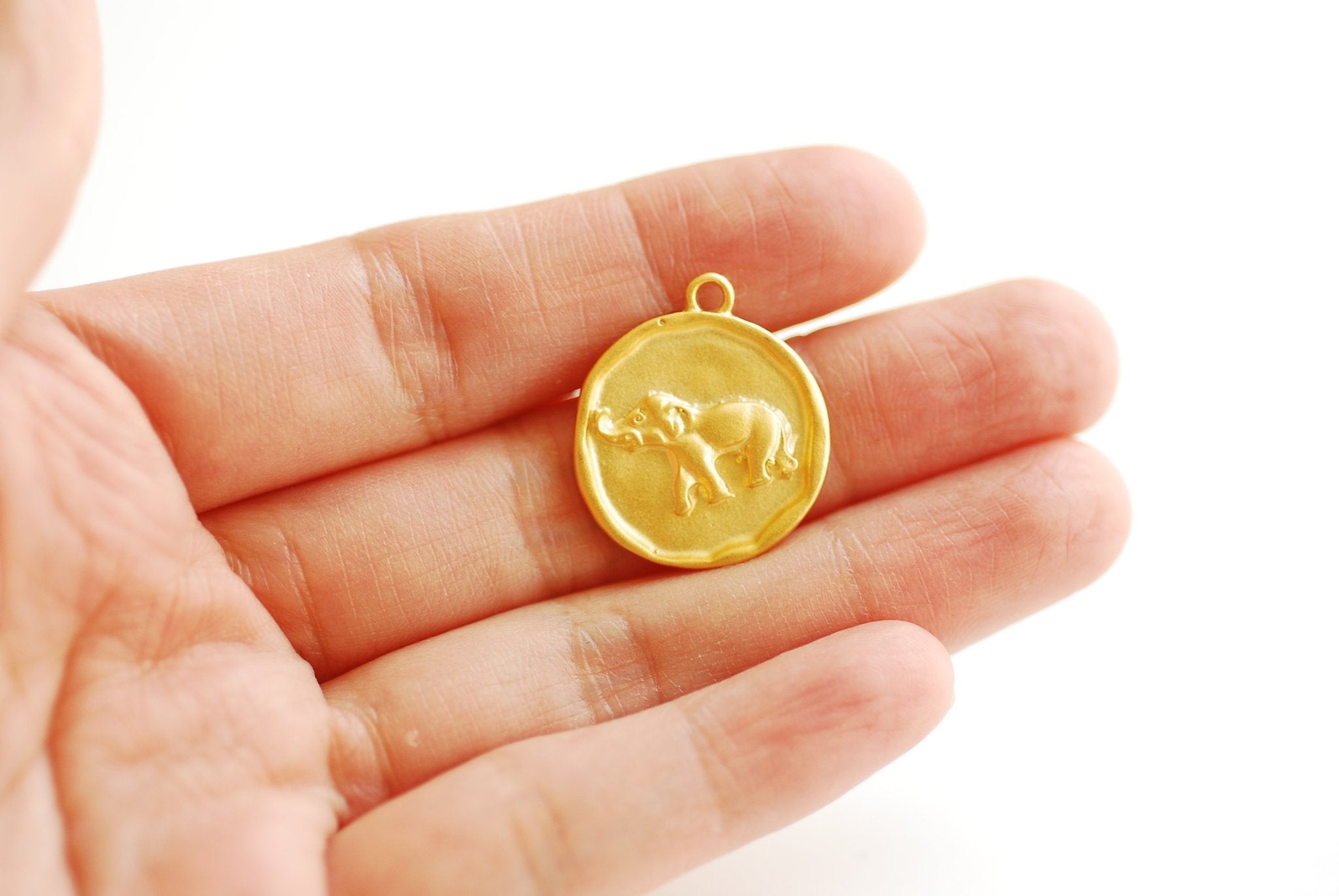 Vermeil Gold Round Elephant Pendant Charm- 18k gold plated over 925 Sterling Silver, Gold Elephant, Silver Elephant, Round Disc, Coin, 477 - HarperCrown