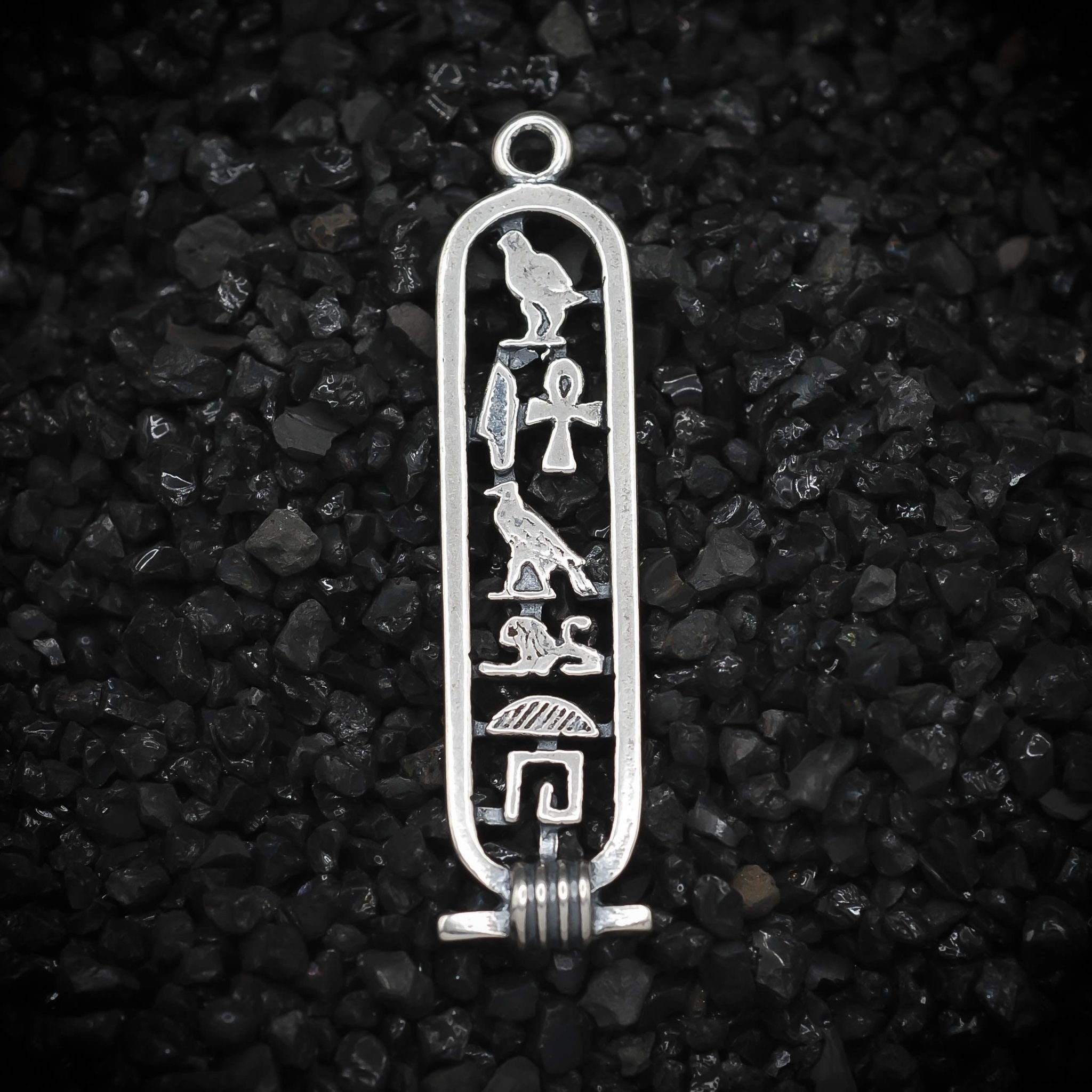 "Wealth" Cartouche Hieroglyph Ancient Egyptian Charm | 925 Sterling Silver, Oxidized or 18K Gold Plated | Jewelry Making Pendant - HarperCrown