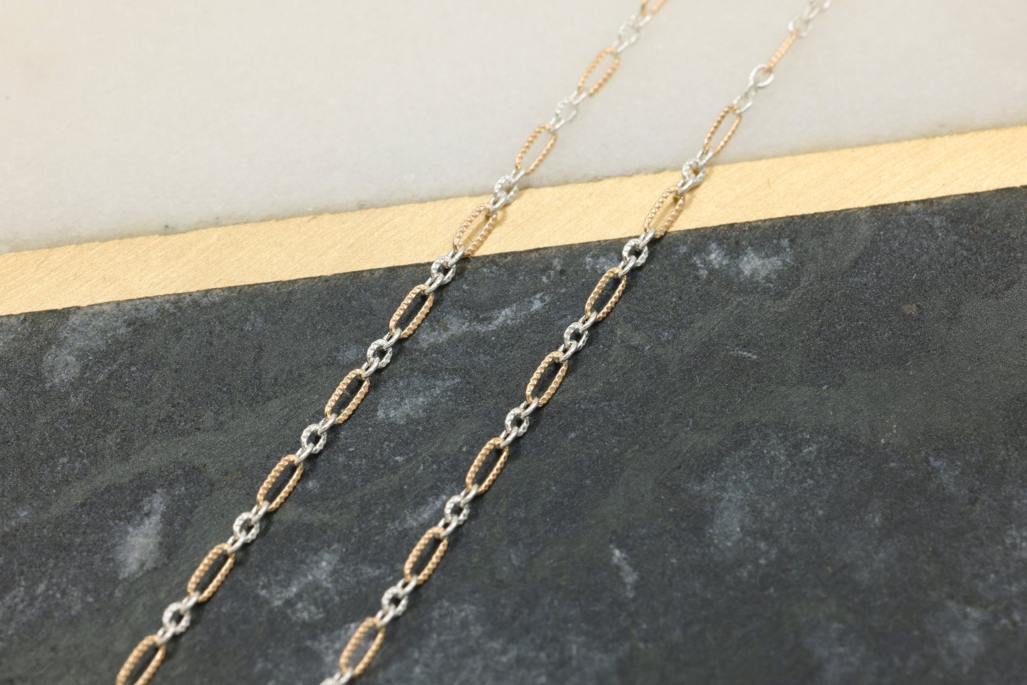 1.3mm x 2.8mm Figaro Long & Short Knurled Two Tone Chain, 14/20 Gold-Filled and 925 Sterling Silver, Wholesale, Pay Per Foot, 1 & 3 Link Jewelry Making Chain - HarperCrown