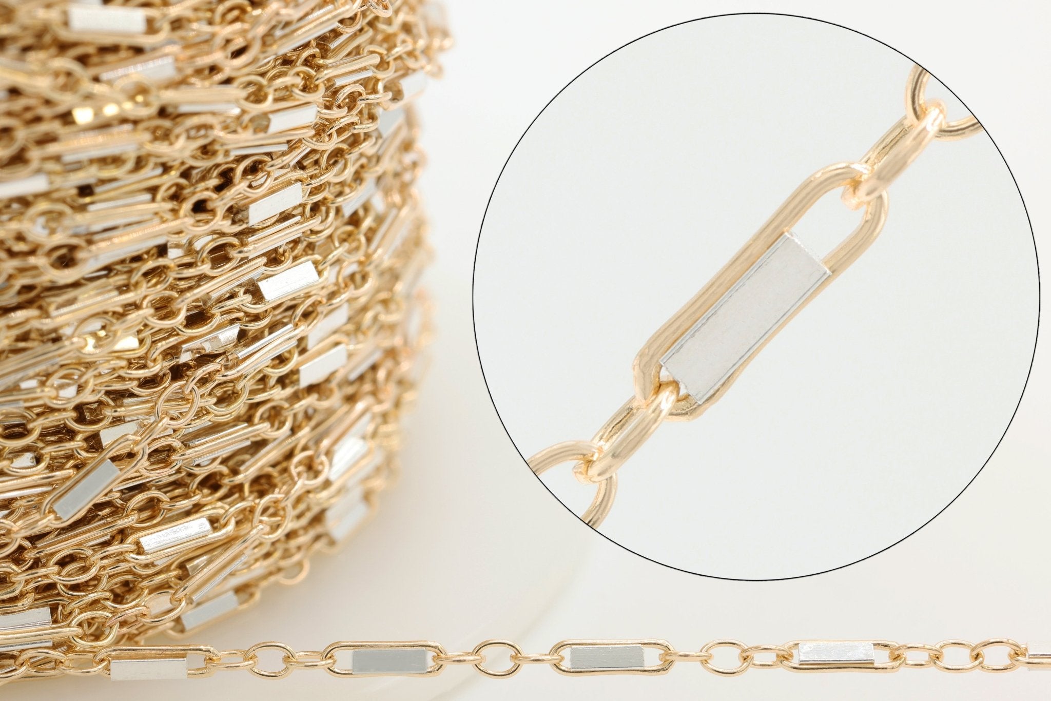 1.3mm x 5mm Bar Two Tone Chain, 14/20 Gold-Filled and 925 Sterling Silver, Wholesale, Pay Per Foot, Jewelry Making Chain - HarperCrown