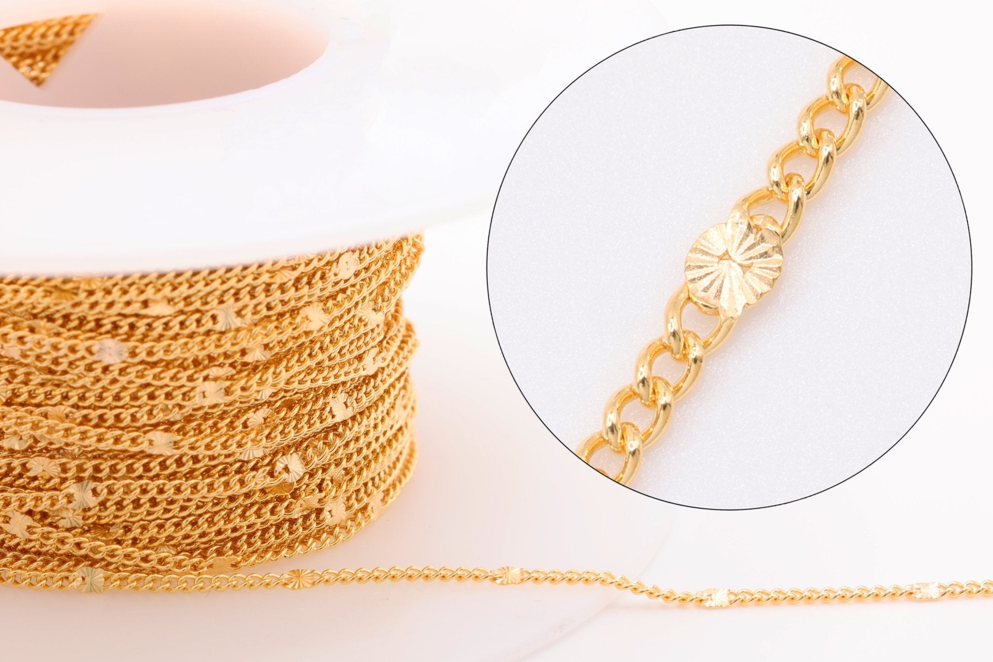 1.5mm Starburst Curb Chain, 14/20 Gold - Filled, Wholesale, Pay Per Foot Jewelry Making Chain - HarperCrown