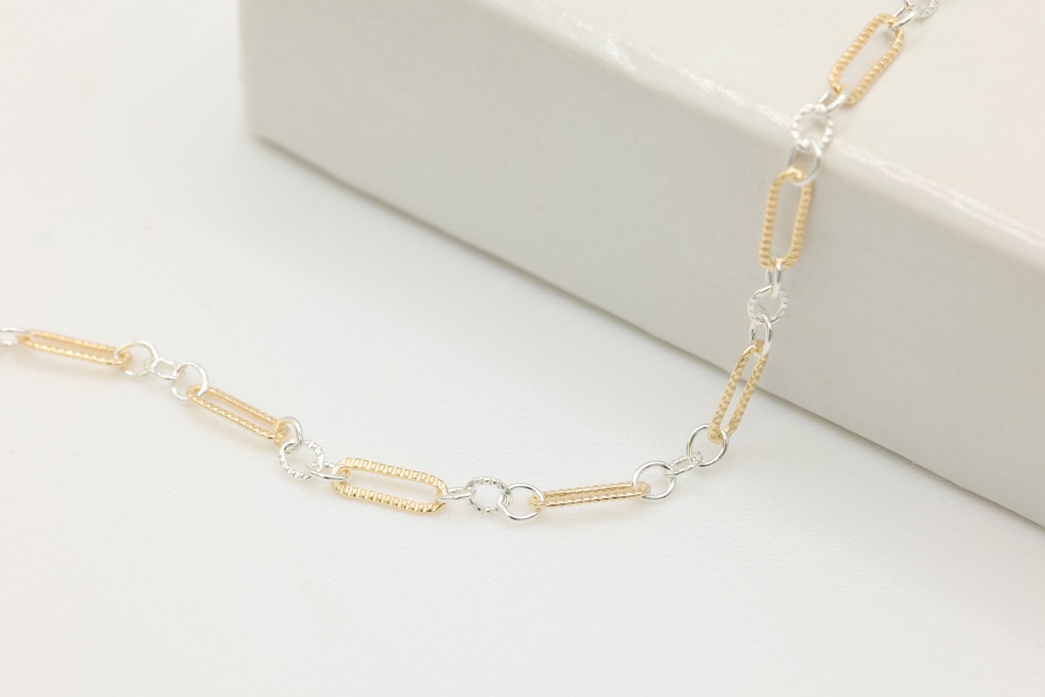 1.5mm x 4.5mm Knurled Long & Short Two Tone Chain, 14/20 Gold-Filled and 925 Sterling Silver, Wholesale, Pay Per Foot, 1 & 3 Link Jewelry Making Chain - HarperCrown