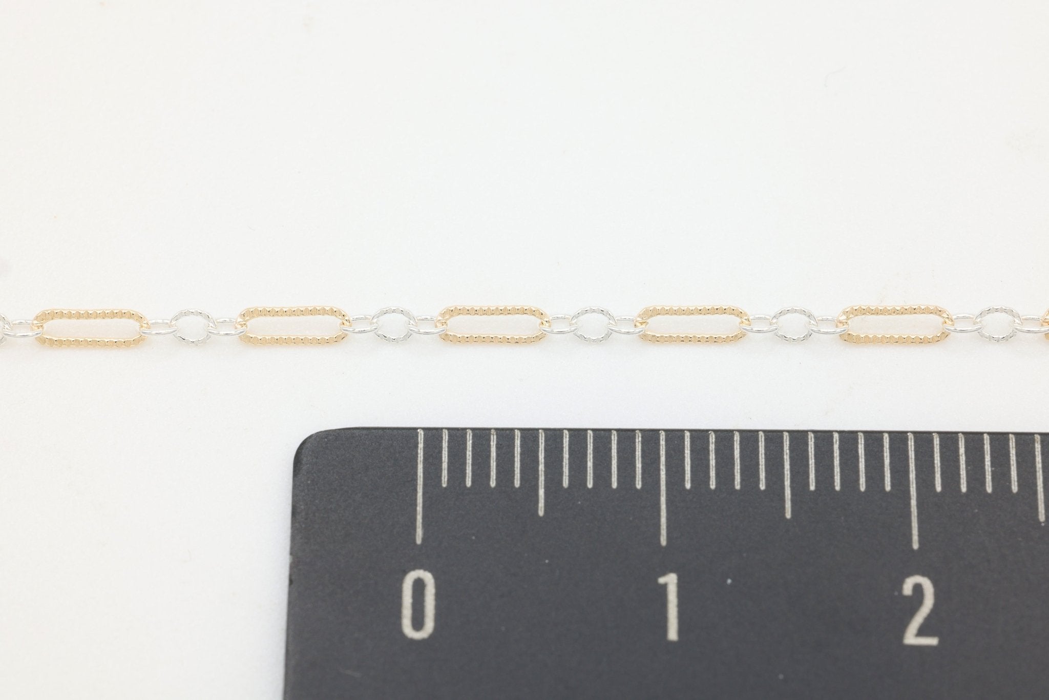 1.5mm x 4.5mm Knurled Long & Short Two Tone Chain, 14/20 Gold-Filled and 925 Sterling Silver, Wholesale, Pay Per Foot, 1 & 3 Link Jewelry Making Chain - HarperCrown