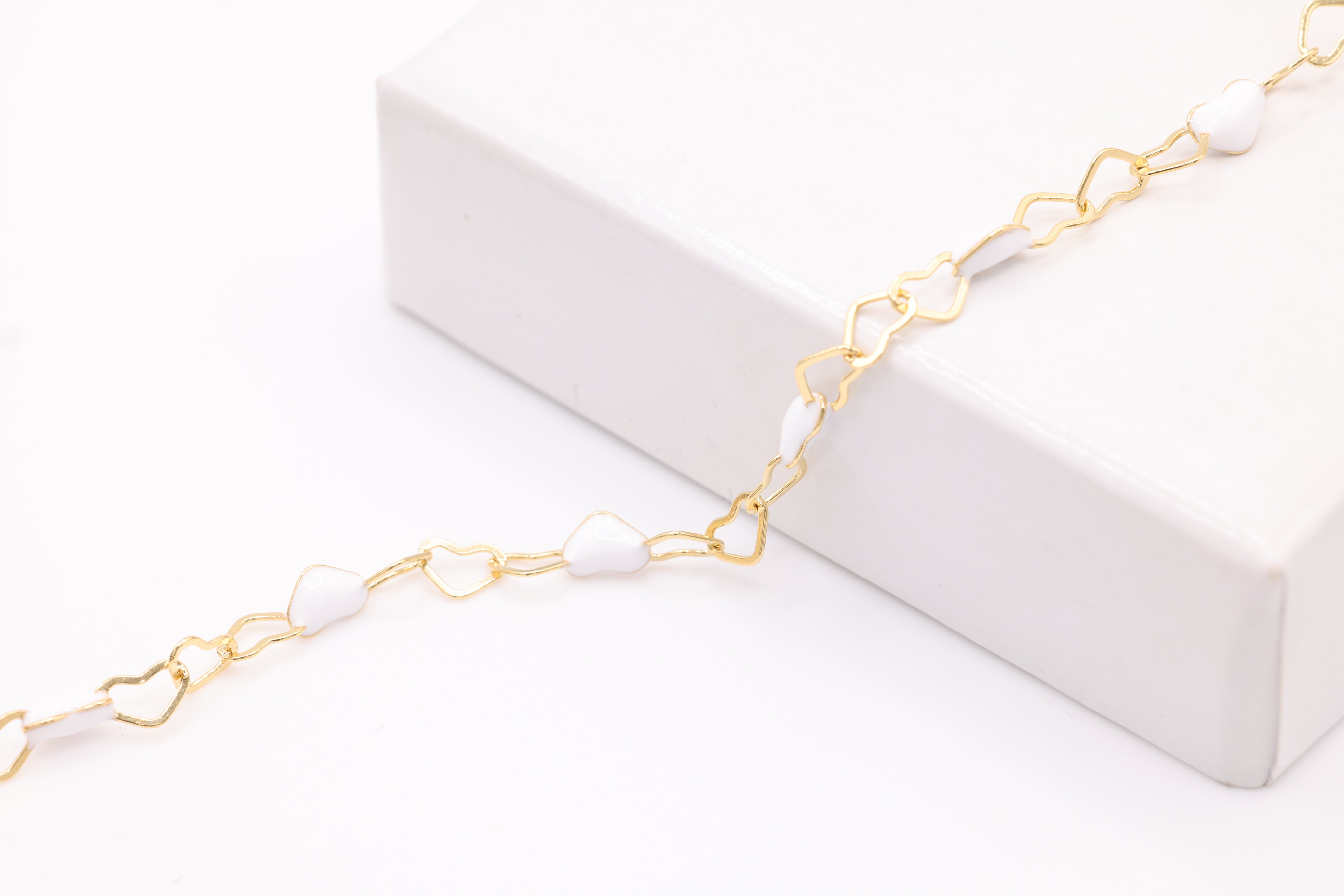 3mm x 3mm Heart White Enamel Chain, 14/20 Gold-Filled, Enamel Color Unfinished Chain Permanent Jewelry