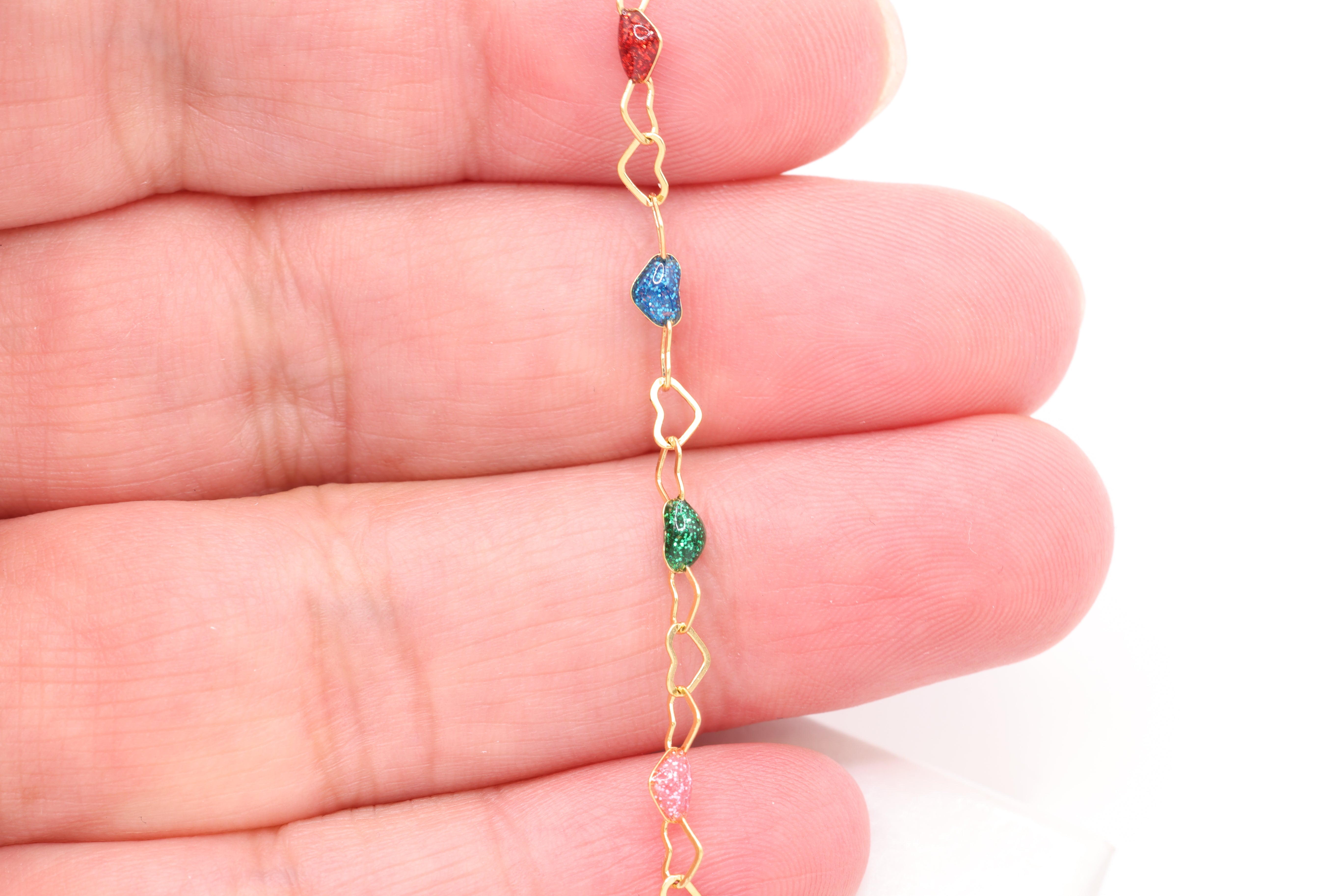 3mm x 3mm Heart Multi Color Enamel Chain, 14/20 Gold-Filled, Enamel Color Unfinished Chain Permanent Jewelry
