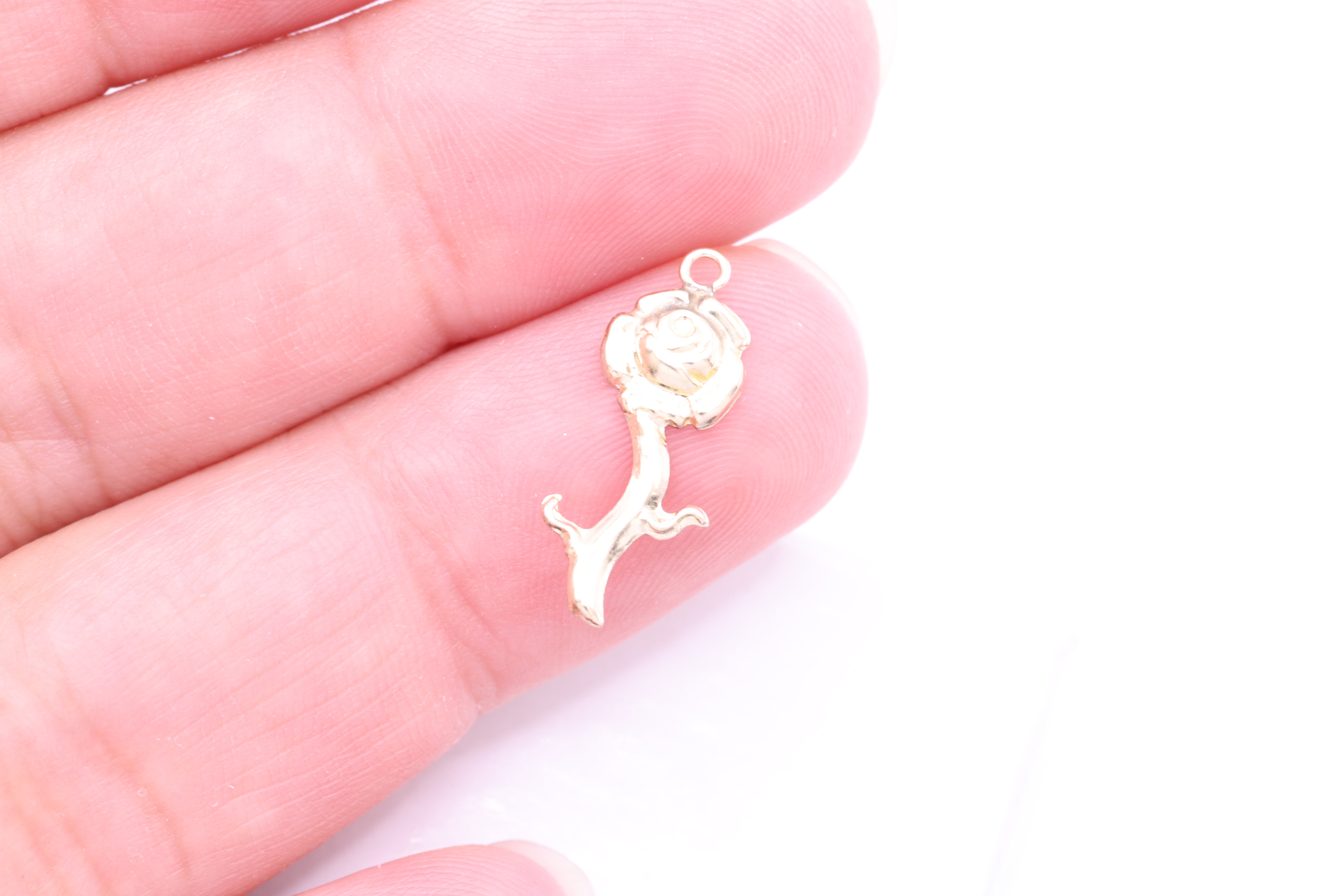 Rose Stem Charm, Wholesale, 14/20 Gold-Filled, 18mm x 7mm, Single-Stem Rosebud Bloom Charm