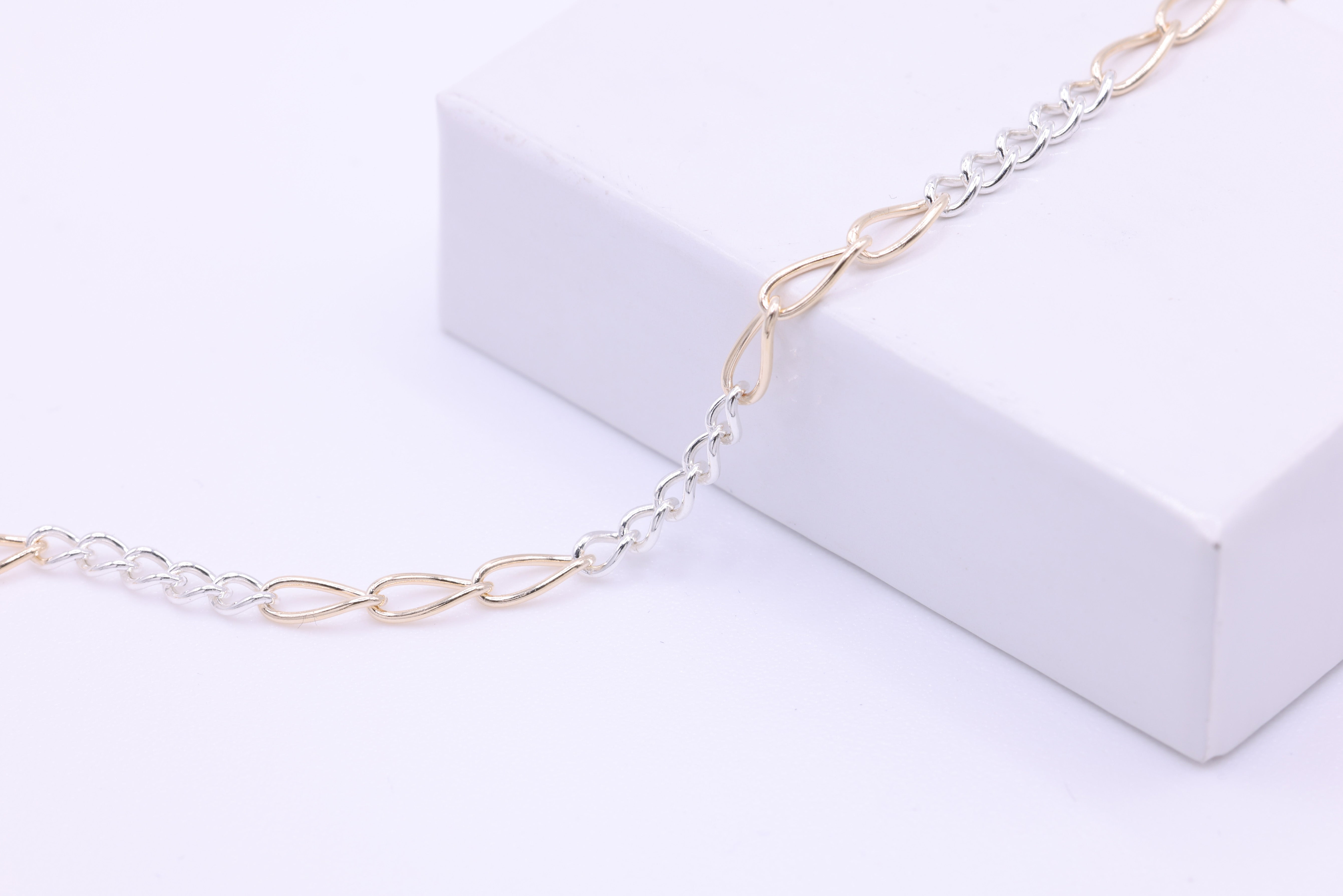 2.5mm x 6mm Figaro Two Tone Chain, 14/20 Gold-Filled and 925 Sterling Silver, Wholesale, Pay Per Foot, 5 & 3 Link Jewelry Making Chain