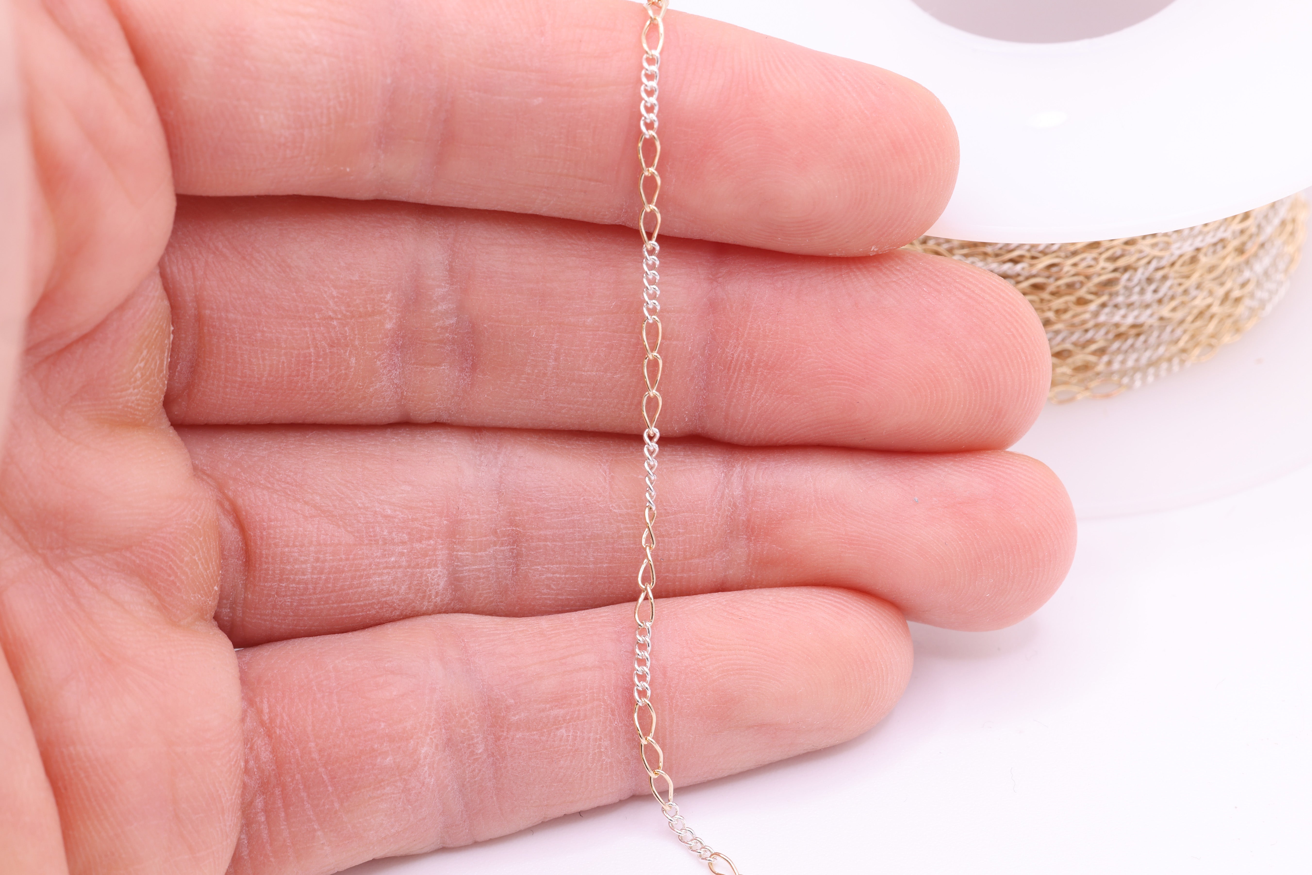 2mm x 3.5mm Figaro Two Tone Chain, 14/20 Gold-Filled and 925 Sterling Silver, Wholesale, Pay Per Foot, 5 & 3 Link Jewelry Making Chain