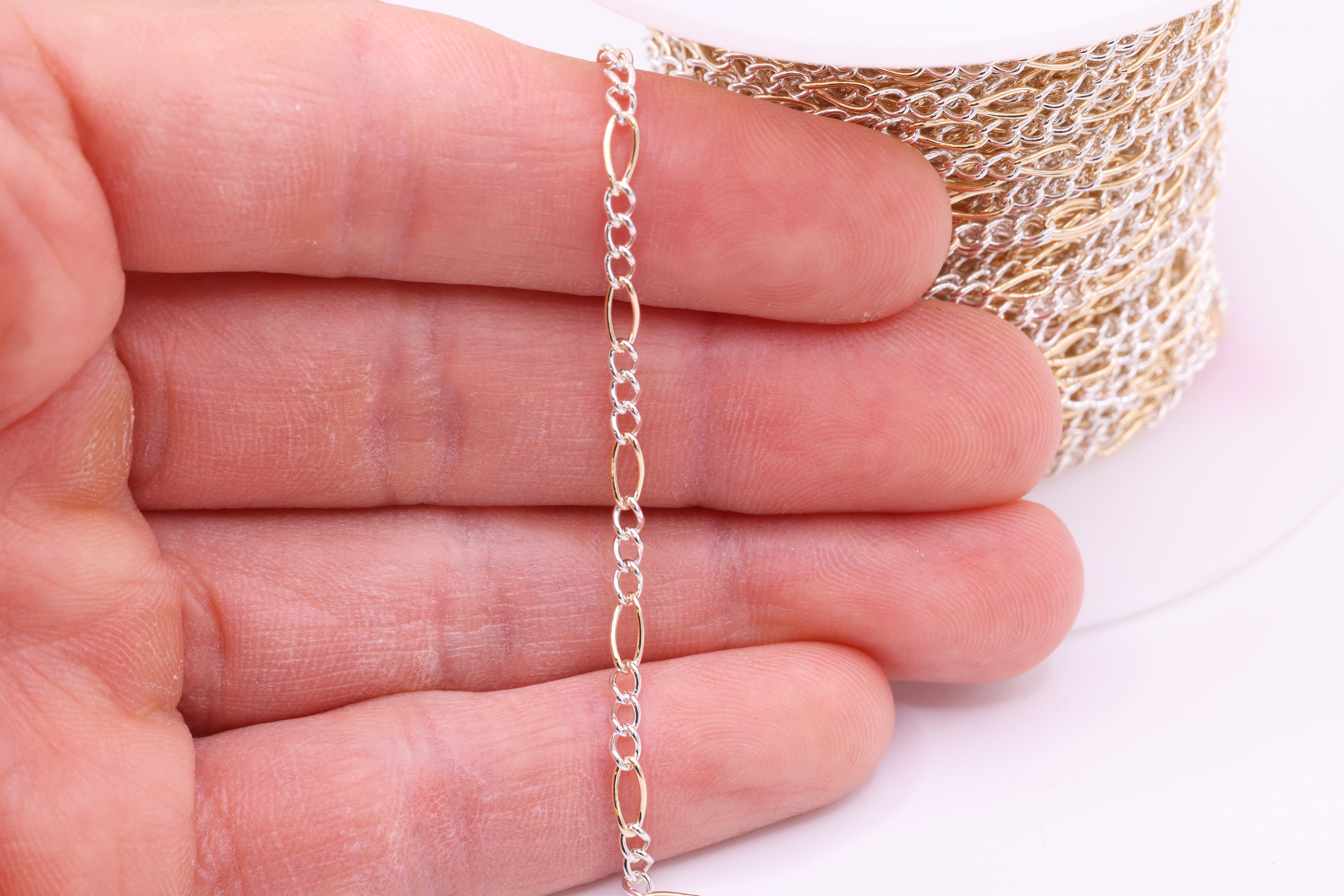 2.5mm x 6mm Figaro Two Tone Chain, 14/20 Gold-Filled and 925 Sterling Silver, Wholesale, Pay Per Foot, 3 & 1 Link Jewelry Making Chain
