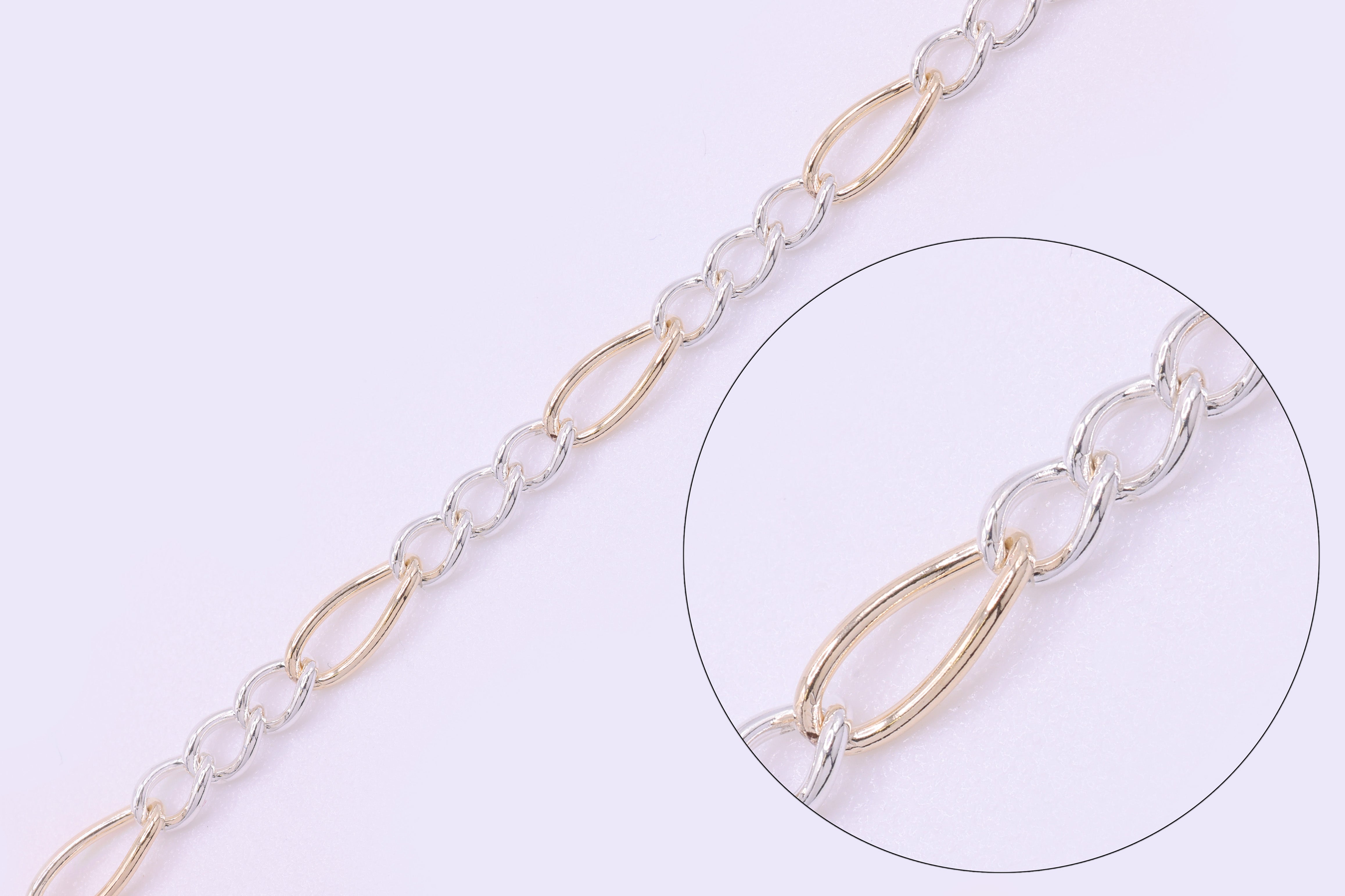 2.5mm x 6mm Figaro Two Tone Chain, 14/20 Gold-Filled and 925 Sterling Silver, Wholesale, Pay Per Foot, 3 & 1 Link Jewelry Making Chain