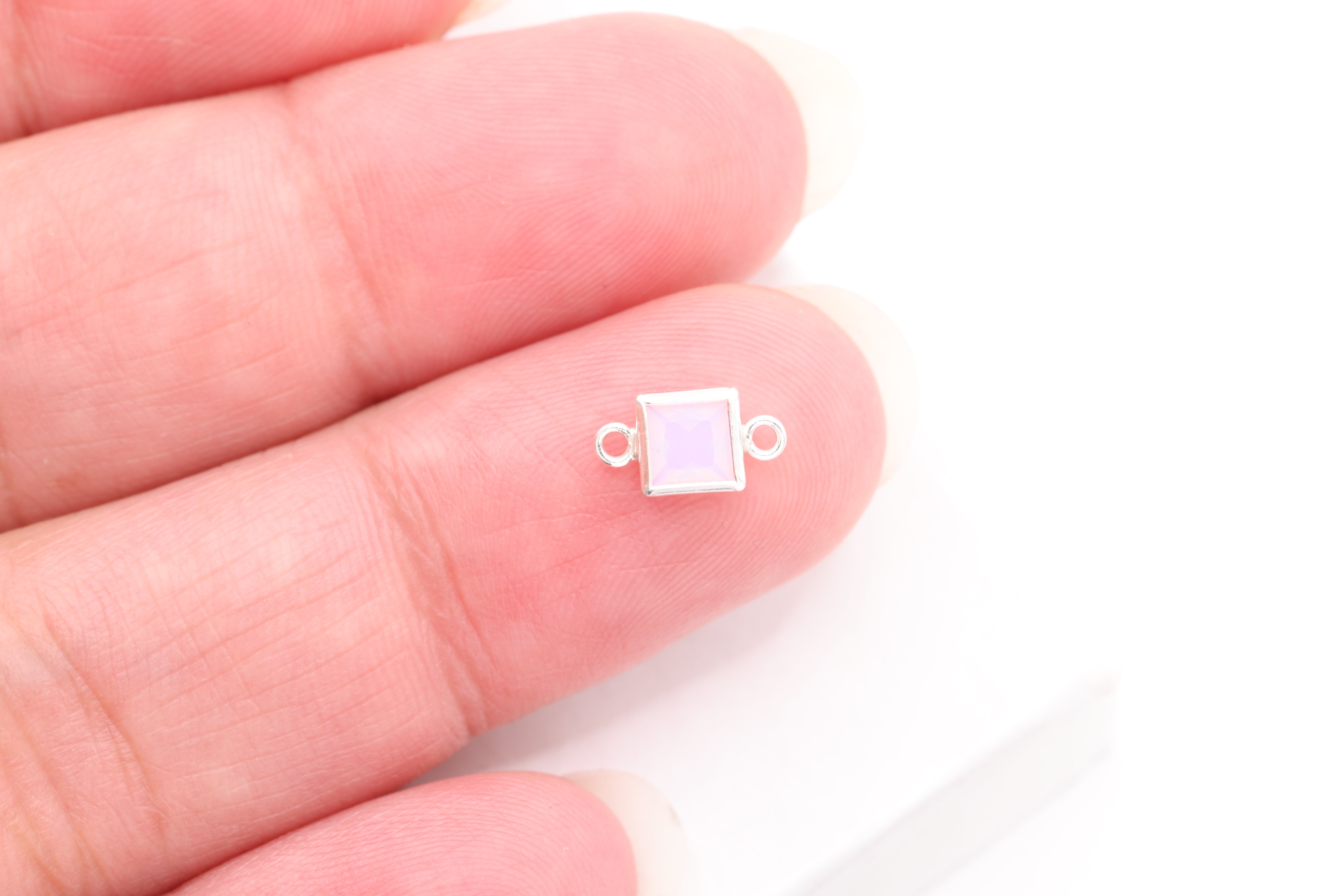 Pink Opal Square Connector Charm, Wholesale, 925 Sterling Silver, 5mm x 5mm, Bulk Permanent Jewelry