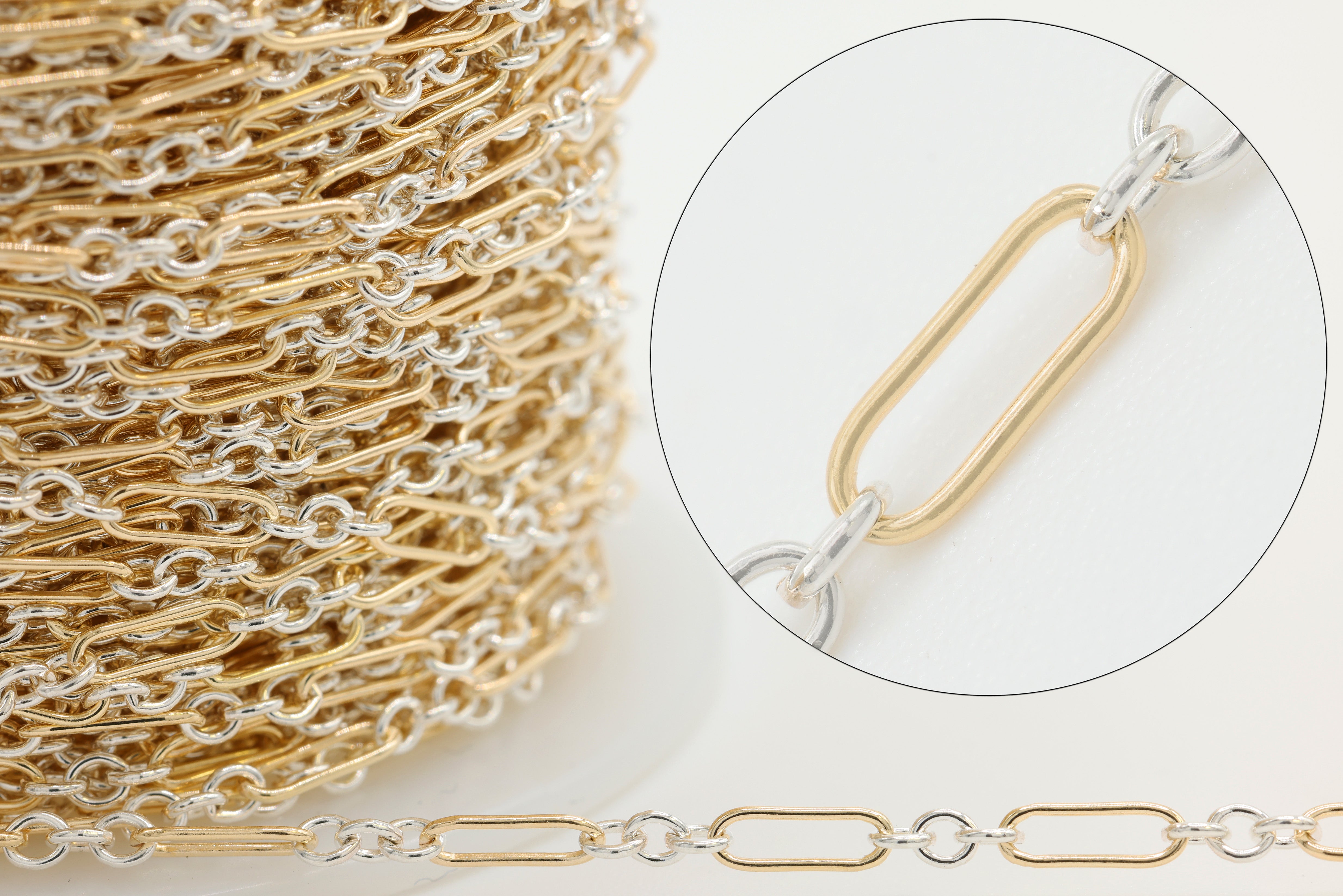 1.5mm x 4.5mm Long & Short Two Tone Chain, 14/20 Gold-Filled and 925 Sterling Silver, Wholesale, Pay Per Foot, 1 & 3 Link Jewelry Making Chain