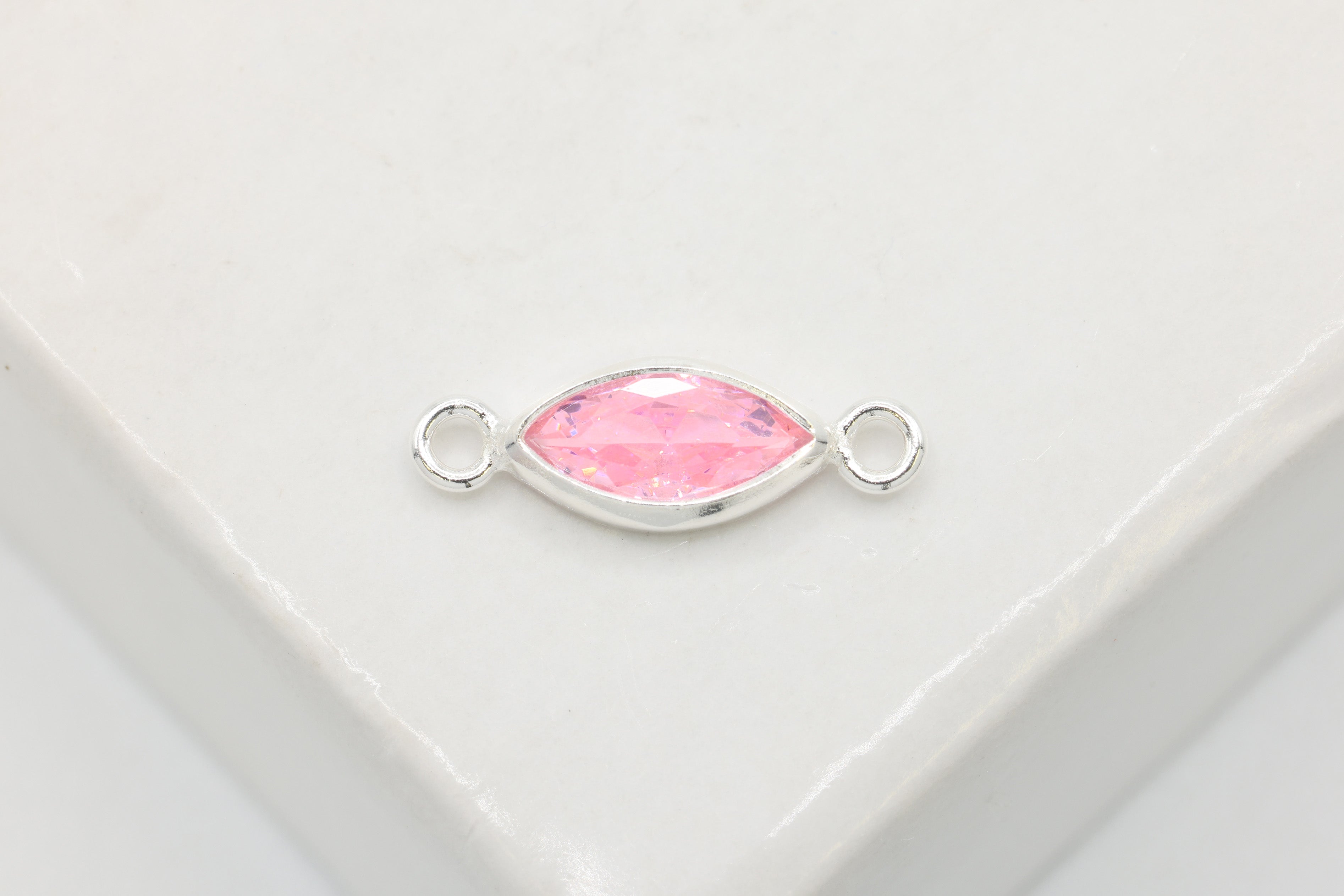 CZ Pink Marquis Bezel Connector Charm, 925 Sterling Silver, 3mm x 6mm, White Cubic Zirconia Jewelry Making Charm