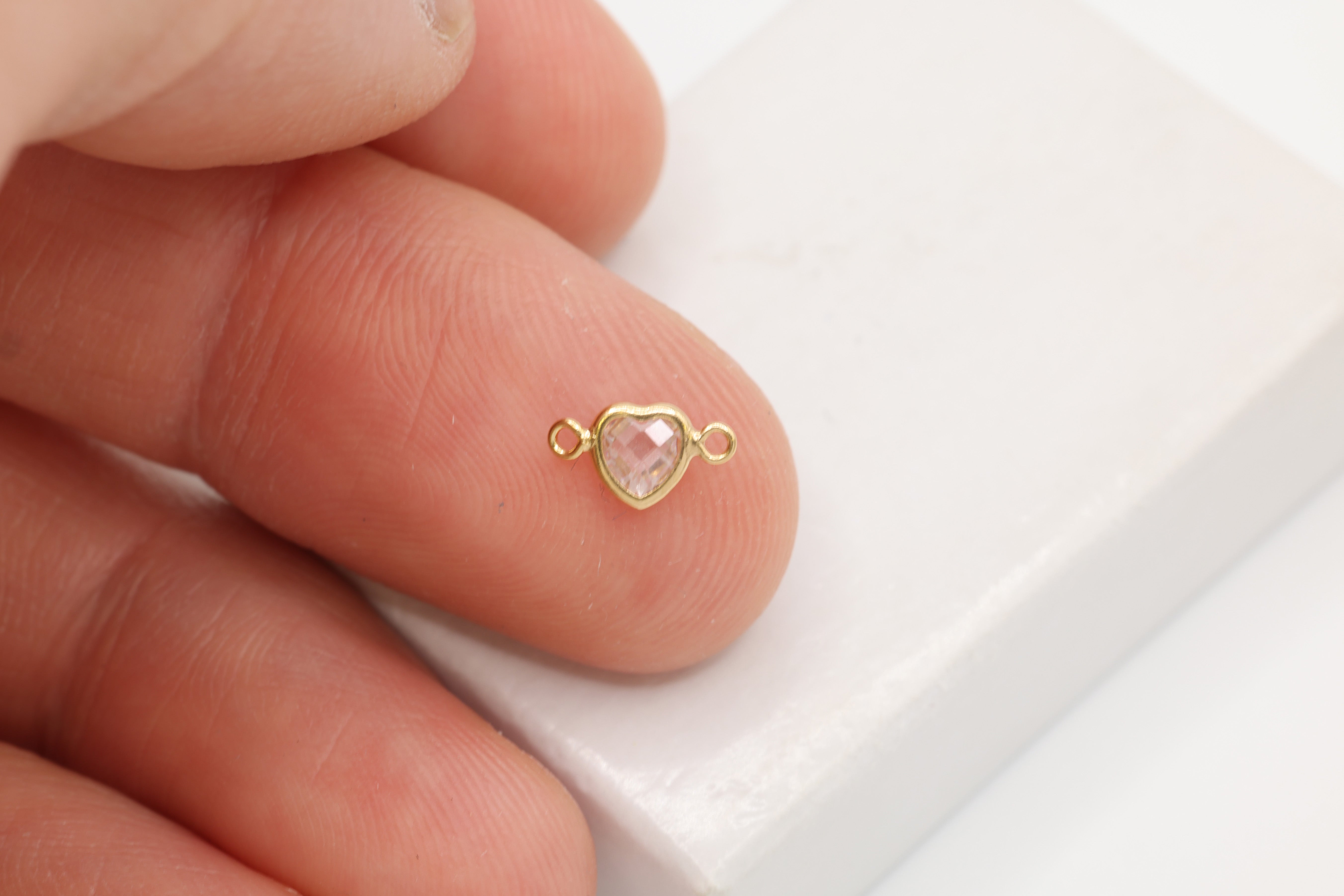 CZ Heart Connector Charm, 14/20 Gold-Filled, 5mm x 5mm, Faceted Cubic Zirconia Stone, Jewelry Making Charm
