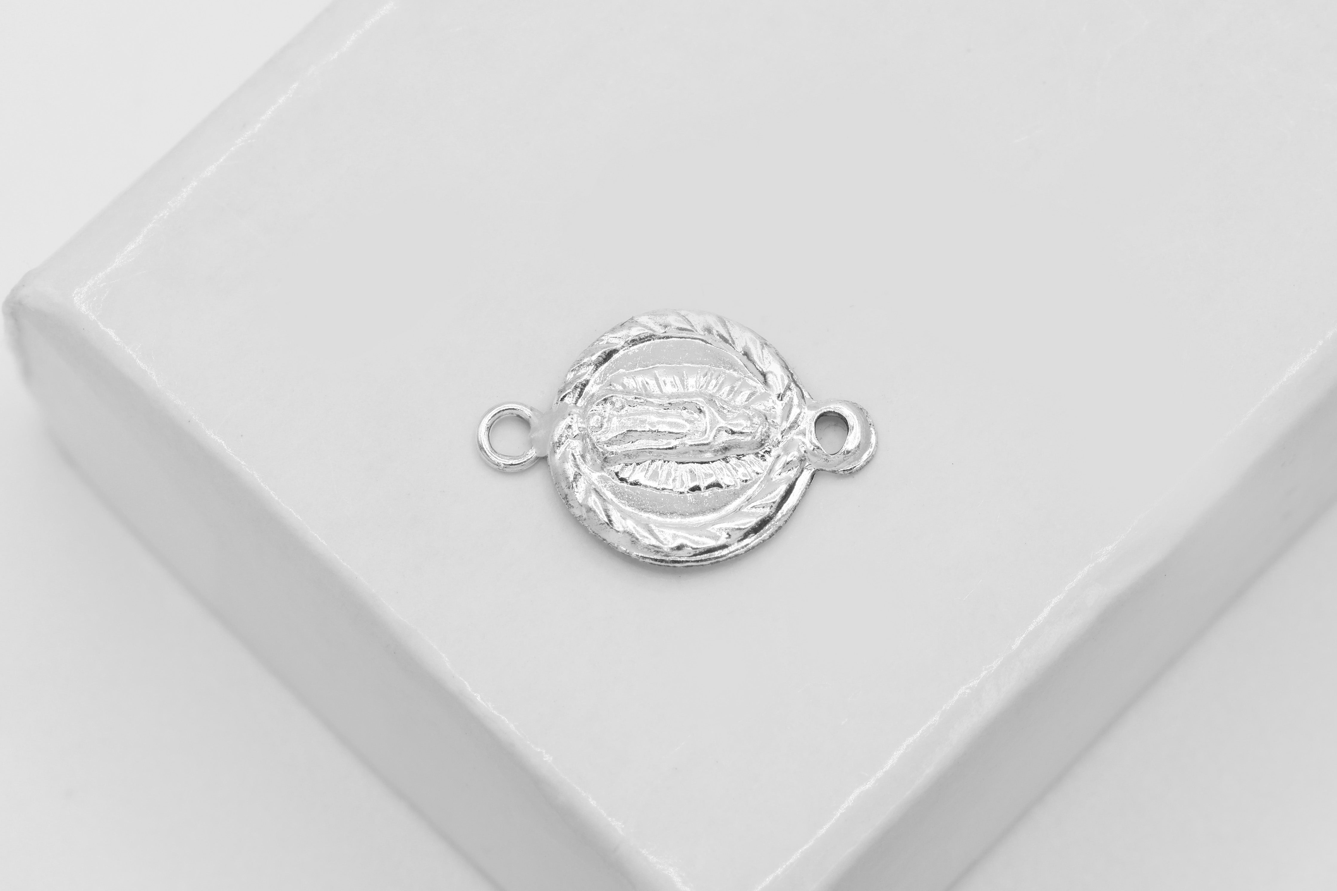 Lady of Guadalupe Connector Charm, Wholesale, 925 Sterling Silver, 9mm x 9mm, Rosary Virgin Mary Circle Religious