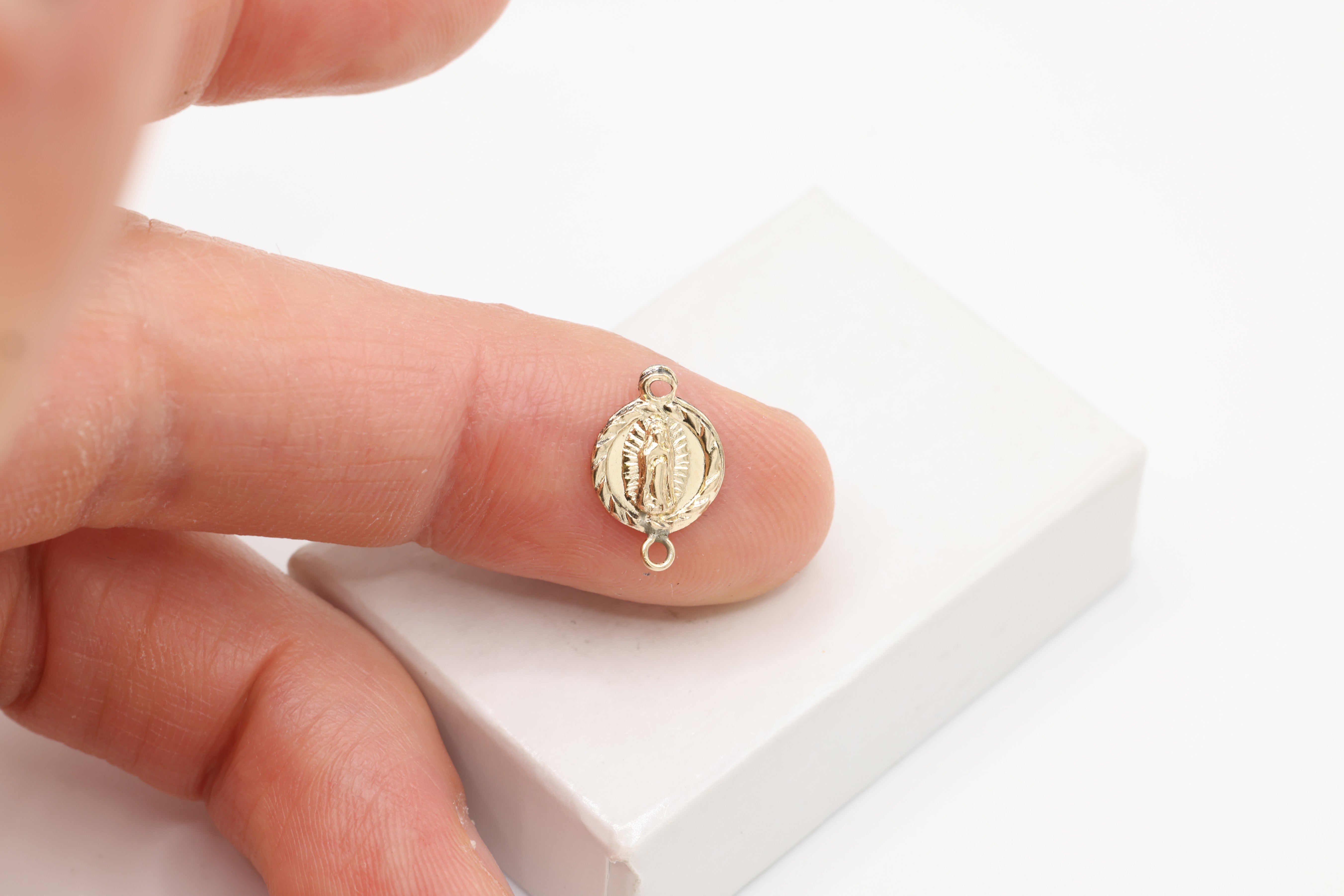 Lady of Guadalupe Connector Charm, Wholesale, 14/20 Gold-Filled, 9mm x 9mm, Rosary Virgin Mary Circle Religious