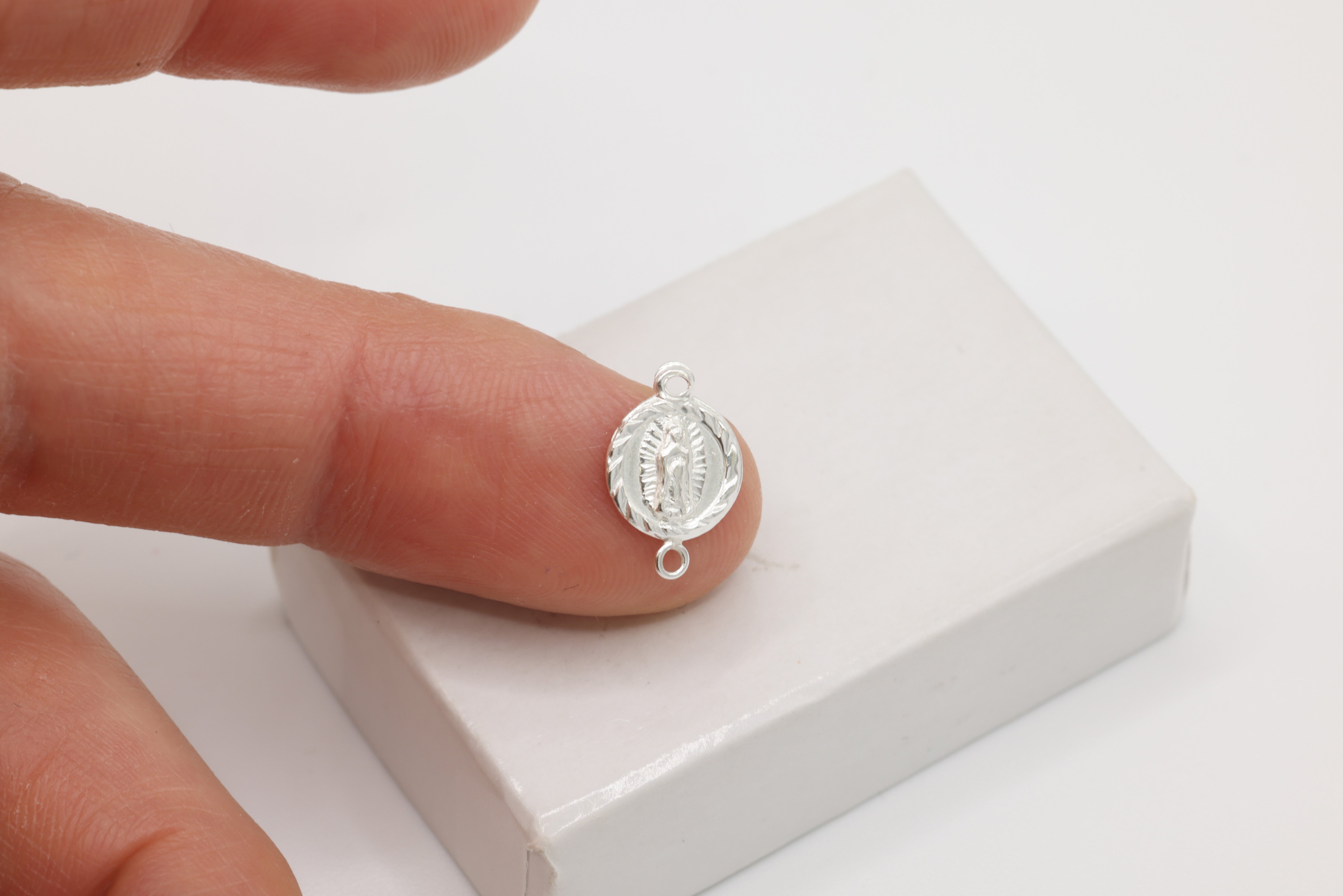 Lady of Guadalupe Connector Charm, Wholesale, 925 Sterling Silver, 9mm x 9mm, Rosary Virgin Mary Circle Religious