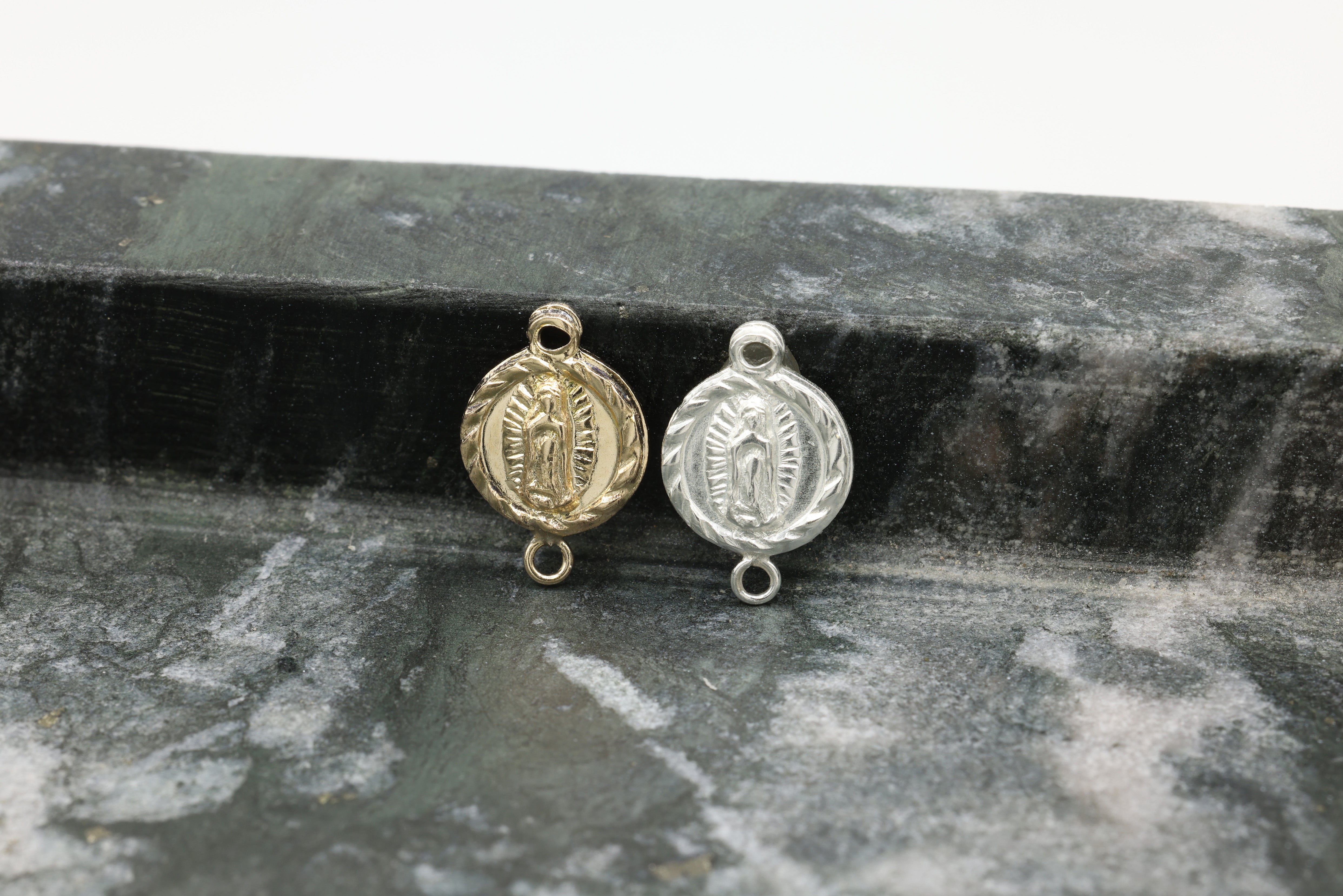 Lady of Guadalupe Connector Charm, Wholesale, 925 Sterling Silver, 9mm x 9mm, Rosary Virgin Mary Circle Religious