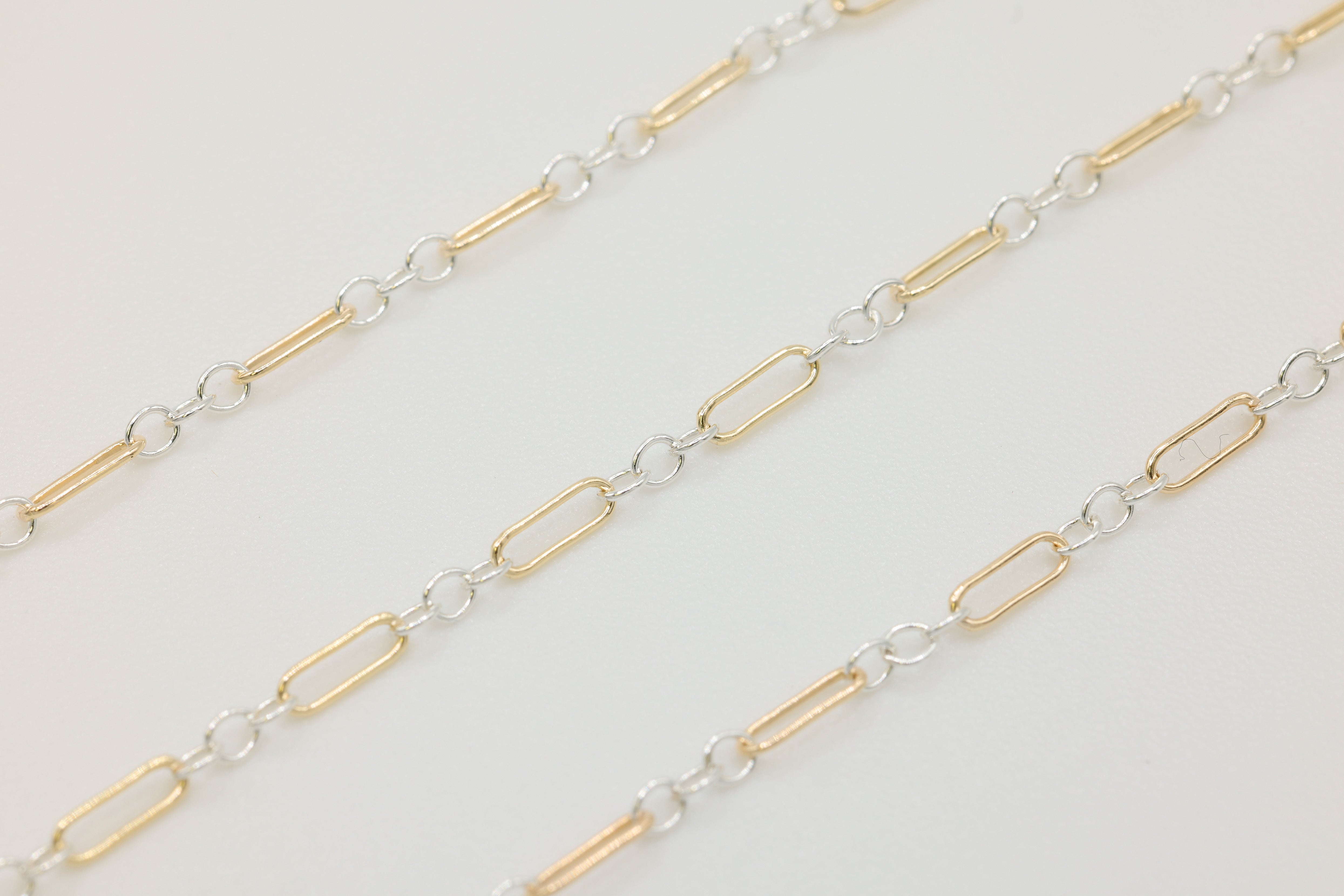 1.5mm x 4.5mm Long & Short Two Tone Chain, 14/20 Gold-Filled and 925 Sterling Silver, Wholesale, Pay Per Foot, 1 & 3 Link Jewelry Making Chain