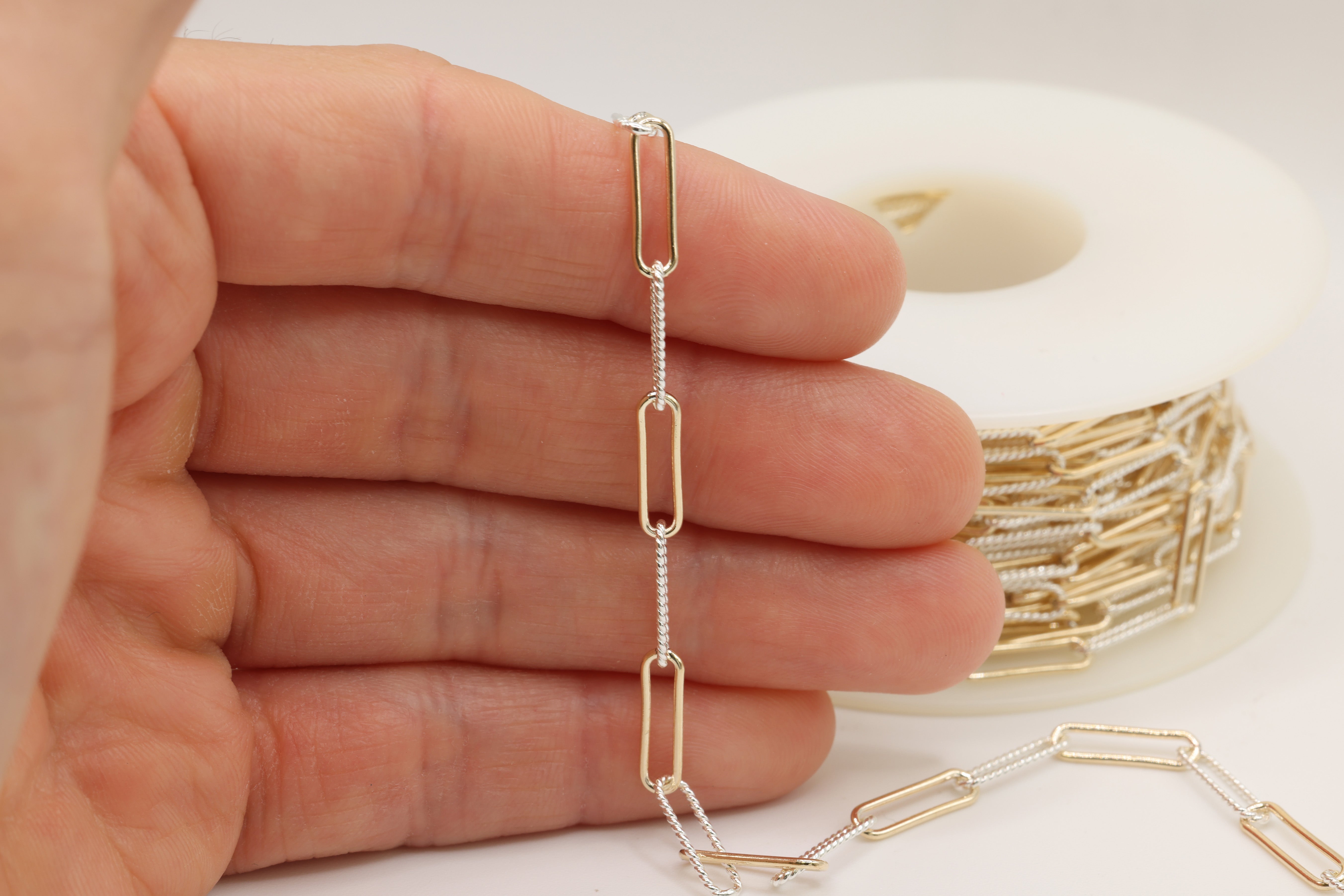 4mm x 13.5mm Elongated Knurled Cable Two Tone Chain, 14/20 Gold-Filled and 925 Sterling Silver, Wholesale, Pay Per Foot, Permanent Jewelry Making Chain