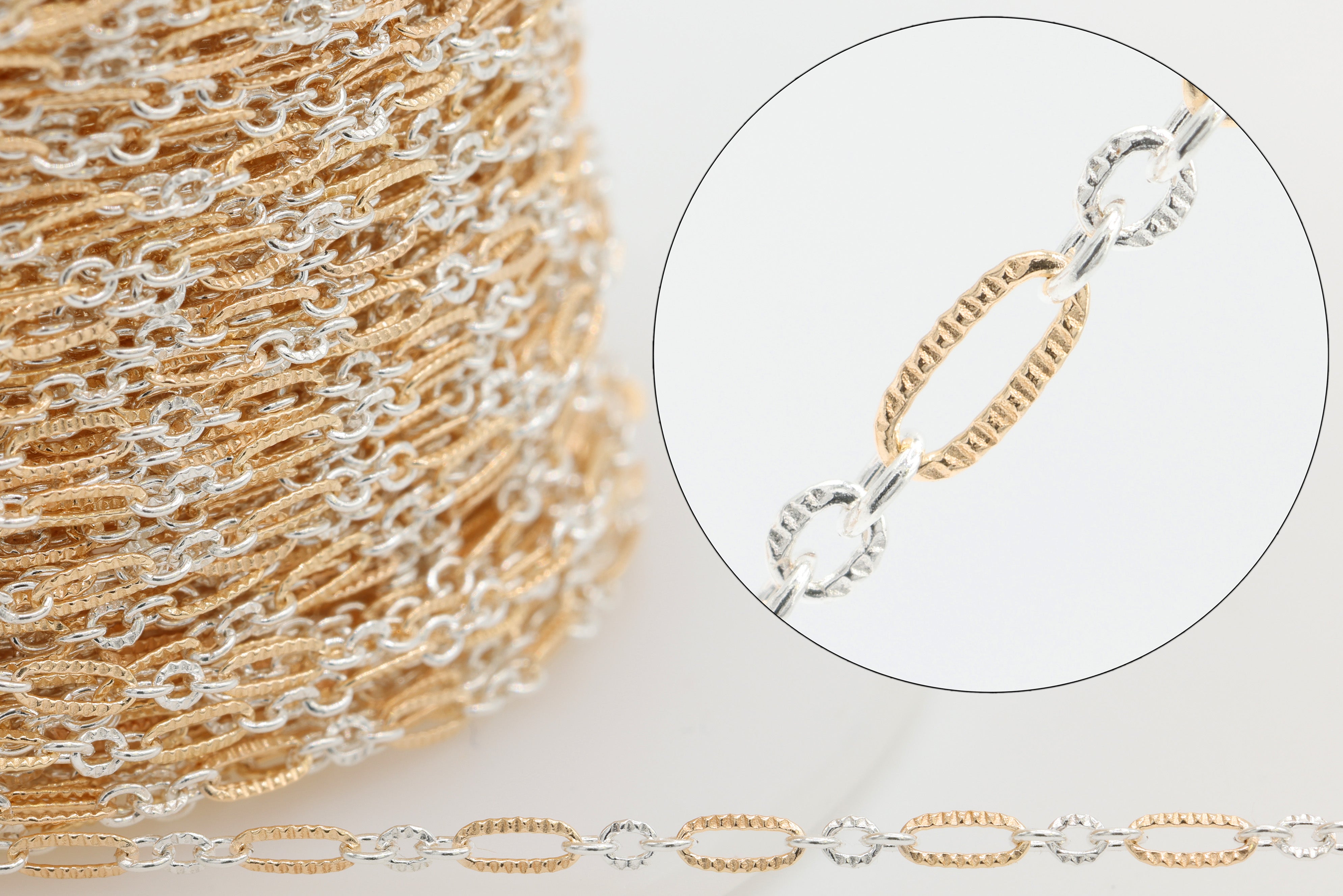 1.3mm x 2.8mm Figaro Long & Short Knurled Two Tone Chain, 14/20 Gold-Filled and 925 Sterling Silver, Wholesale, Pay Per Foot, 1 & 3 Link Jewelry Making Chain