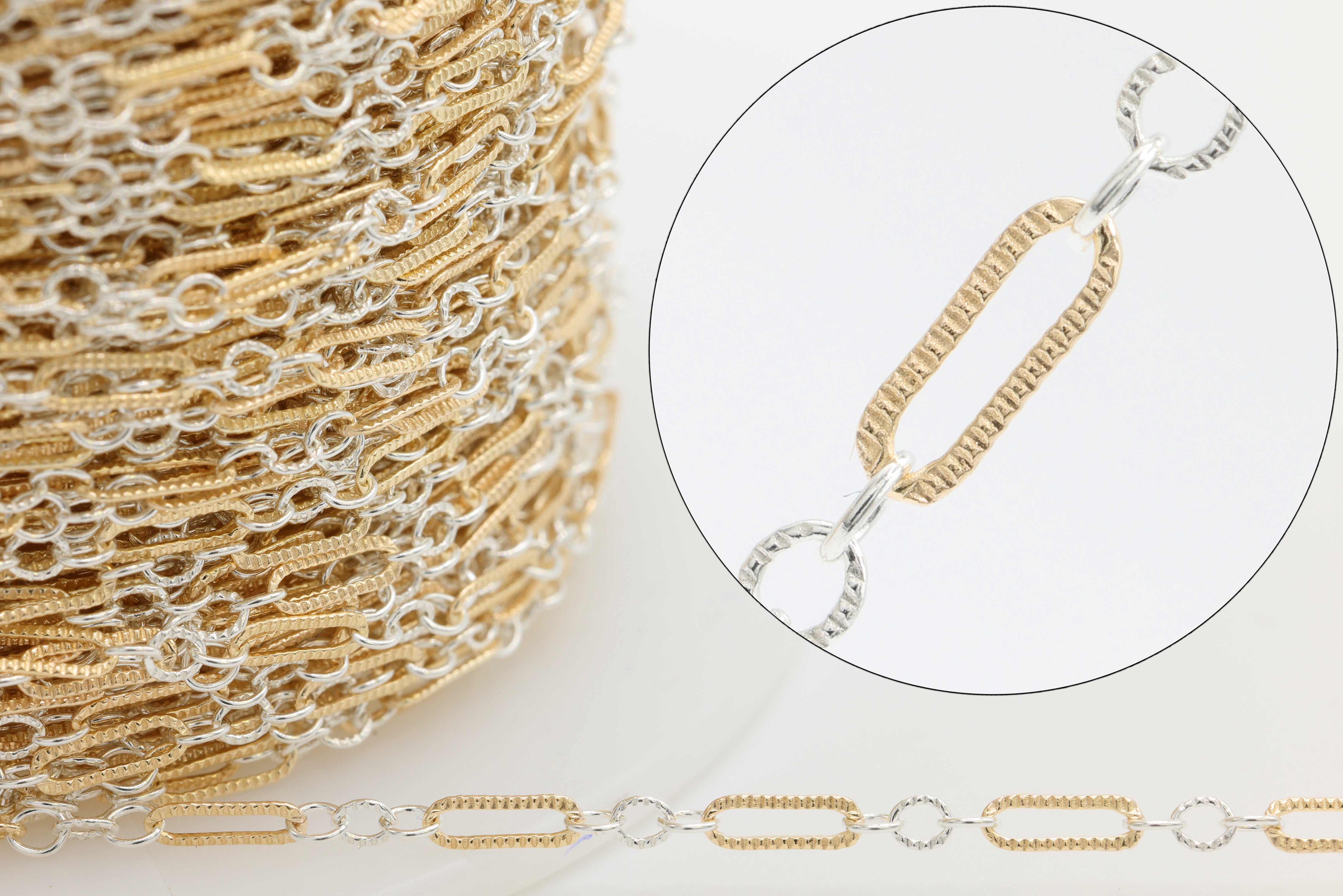 1.5mm x 4.5mm Knurled Long & Short Two Tone Chain, 14/20 Gold-Filled and 925 Sterling Silver, Wholesale, Pay Per Foot, 1 & 3 Link Jewelry Making Chain