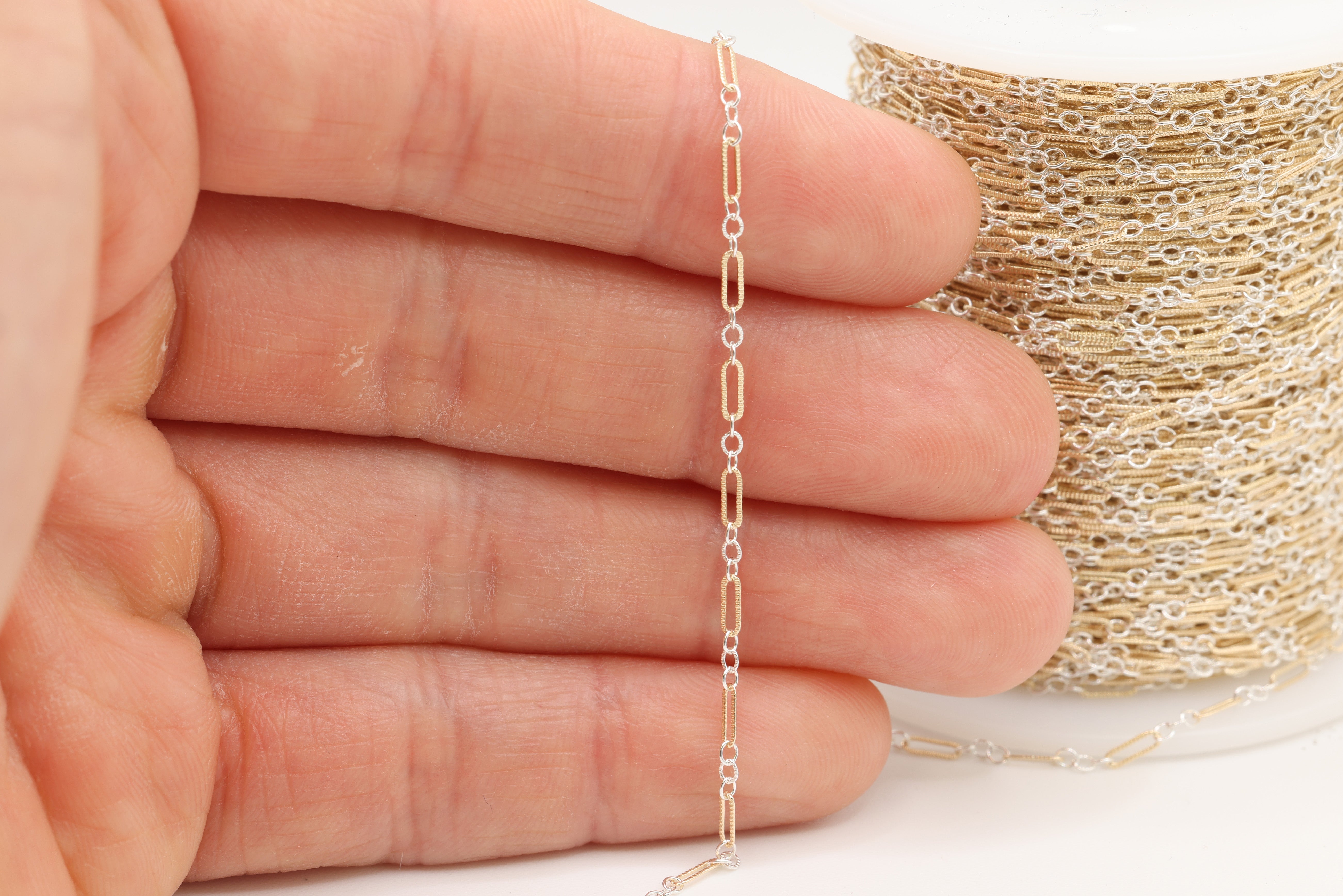 1.5mm x 4.5mm Knurled Long & Short Two Tone Chain, 14/20 Gold-Filled and 925 Sterling Silver, Wholesale, Pay Per Foot, 1 & 3 Link Jewelry Making Chain
