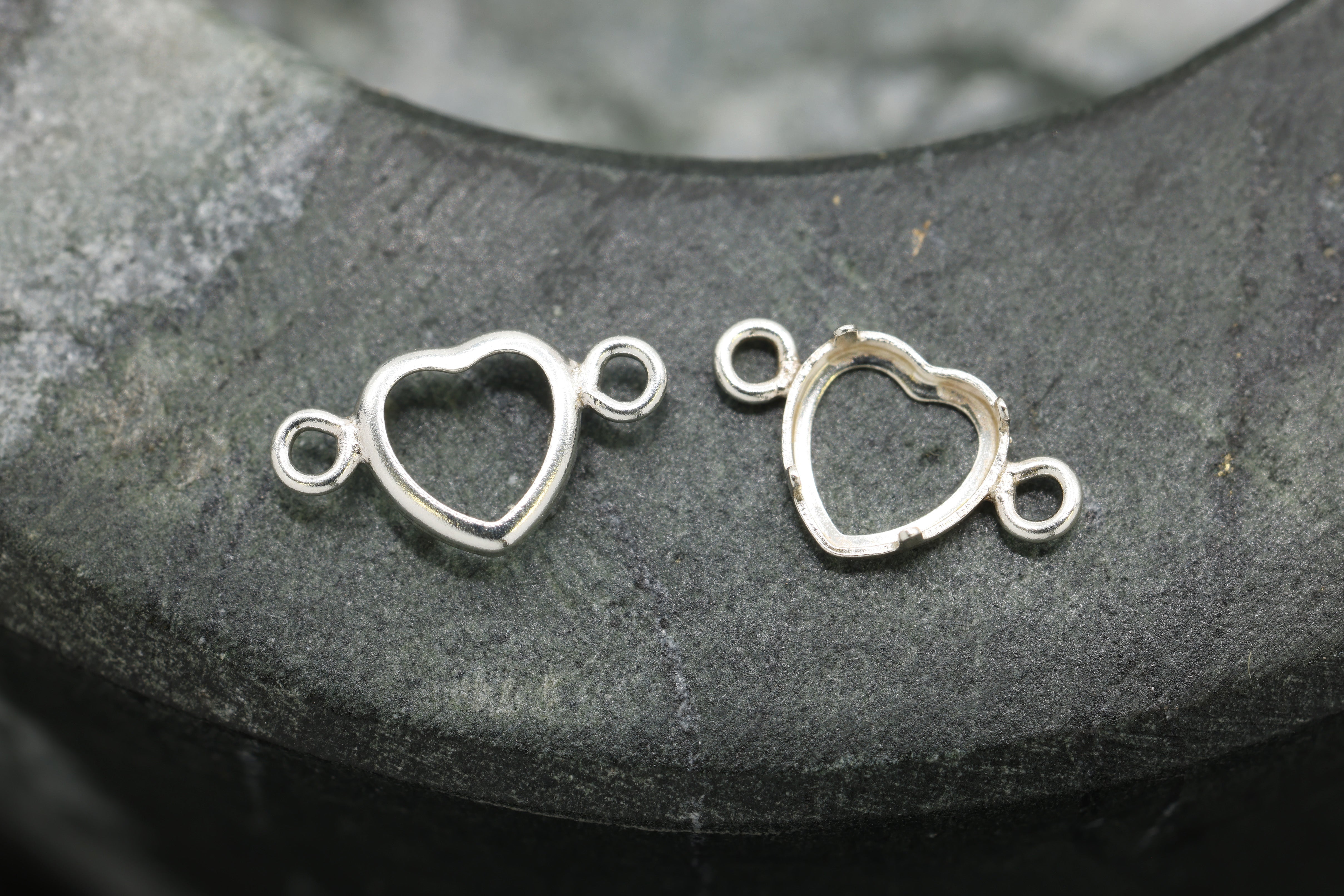 Heart Connector Bezel Self Set Bracket Charm, 925 Sterling Silver, 4mm x 4mm, Wholesale, Jewelry Making Charm