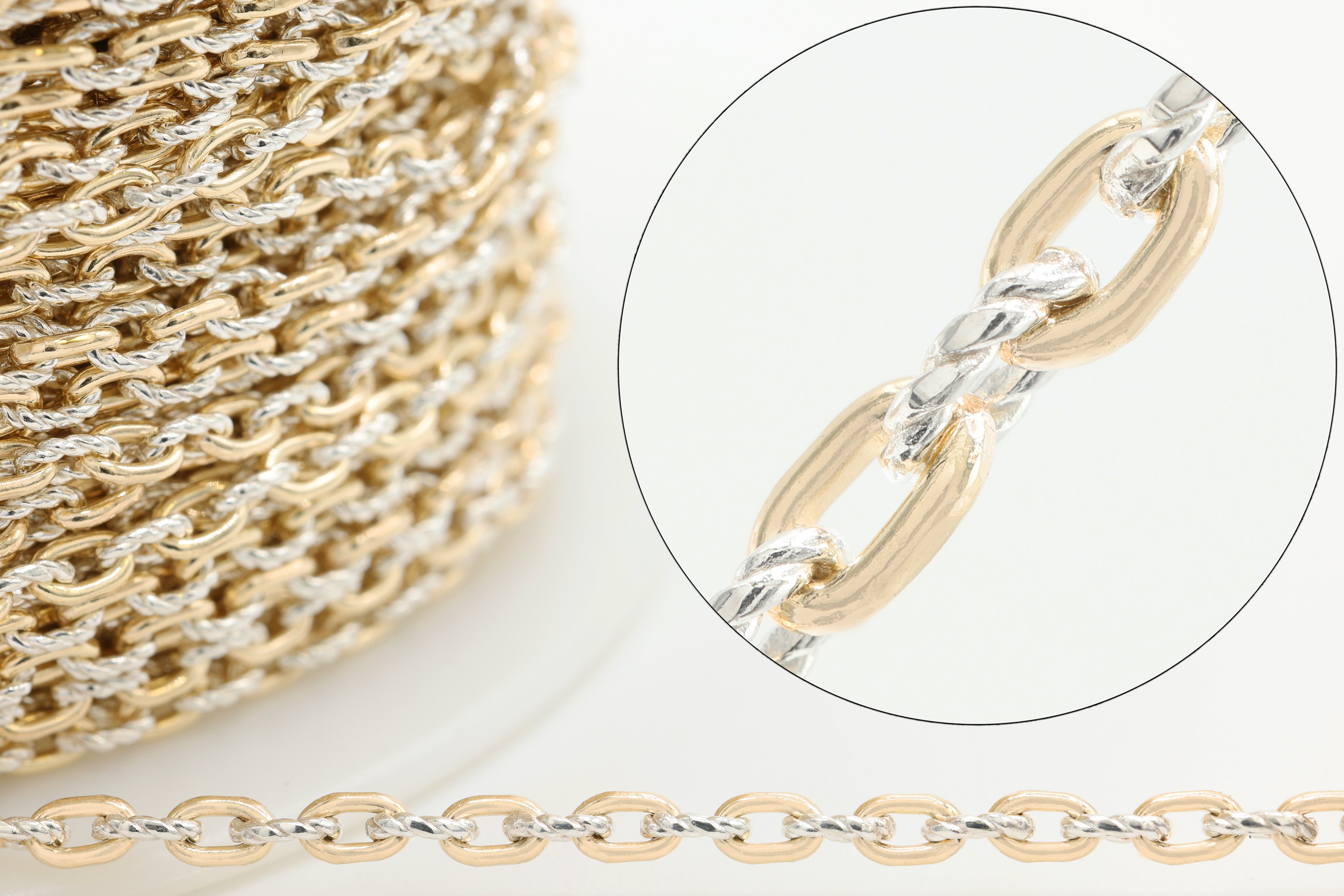 2.5mm Cable Knurled Two Tone Chain, 14/20 Gold-Filled and 925 Sterling Silver, Wholesale, Pay Per Foot, Jewelry Making Chain