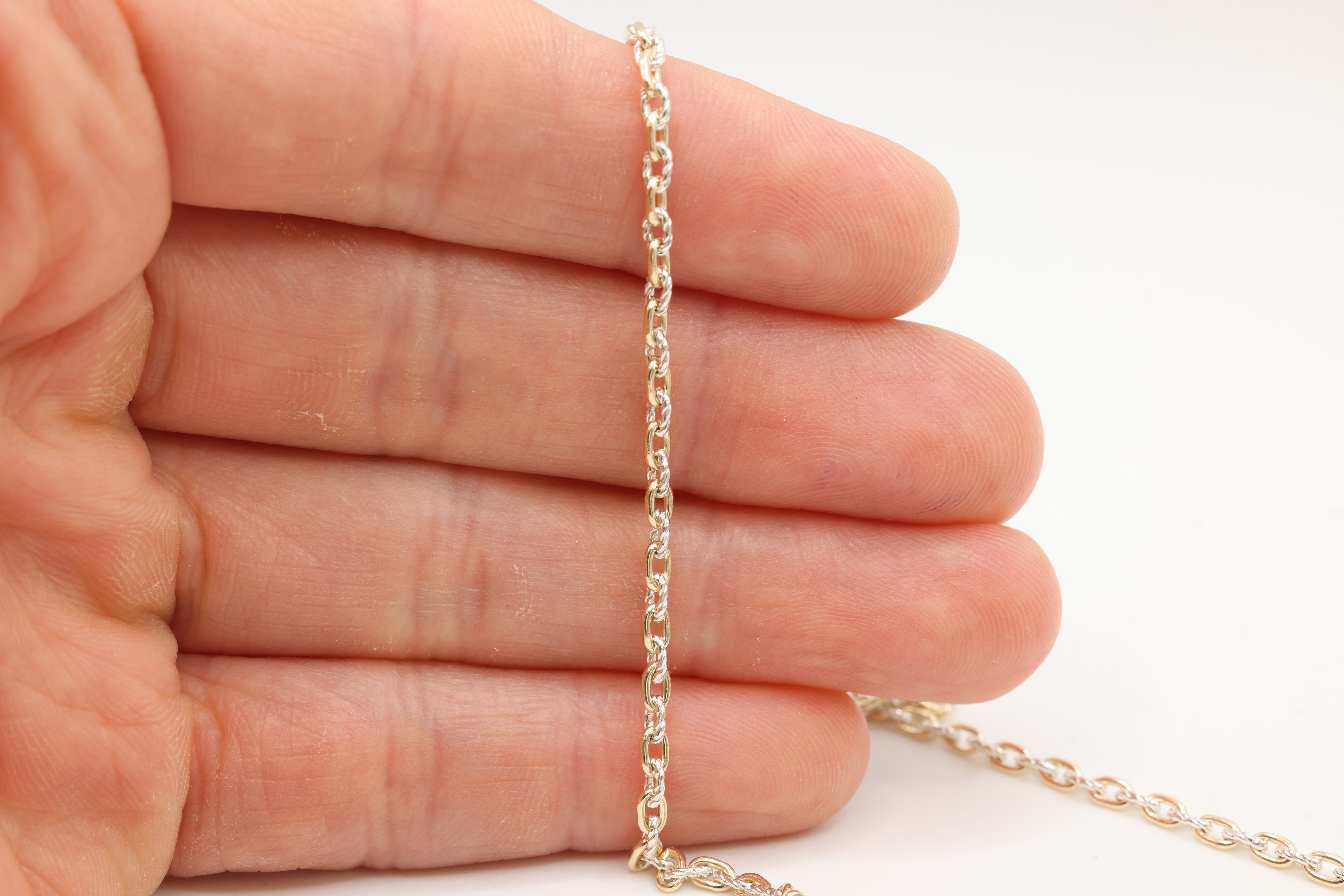 2.5mm Cable Knurled Two Tone Chain, 14/20 Gold-Filled and 925 Sterling Silver, Wholesale, Pay Per Foot, Jewelry Making Chain