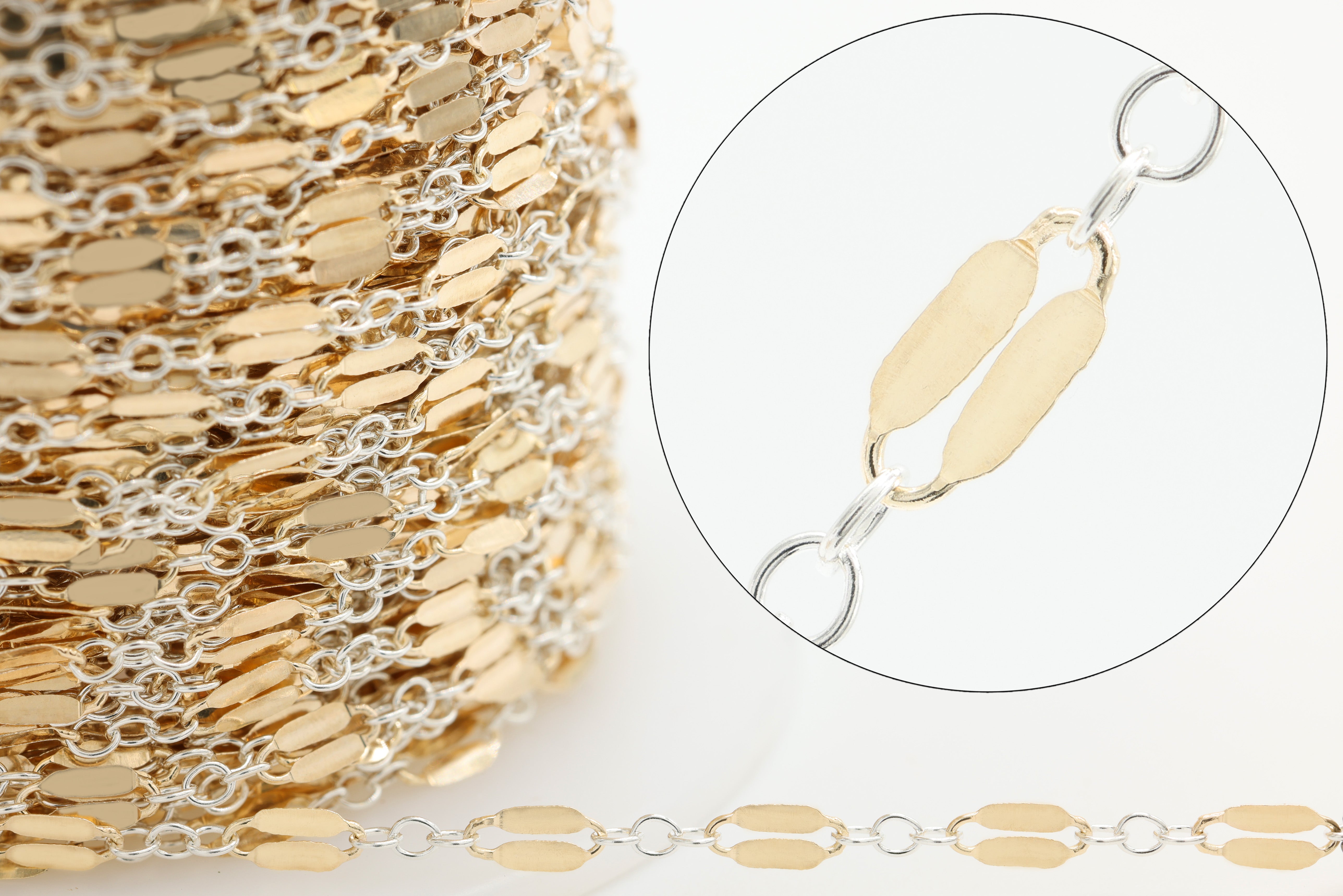 2.3mm Dapped Long & Short Two Tone Chain, 14/20 Gold-Filled and 925 Sterling Silver, Wholesale, Pay Per Foot, Jewelry Making Chain