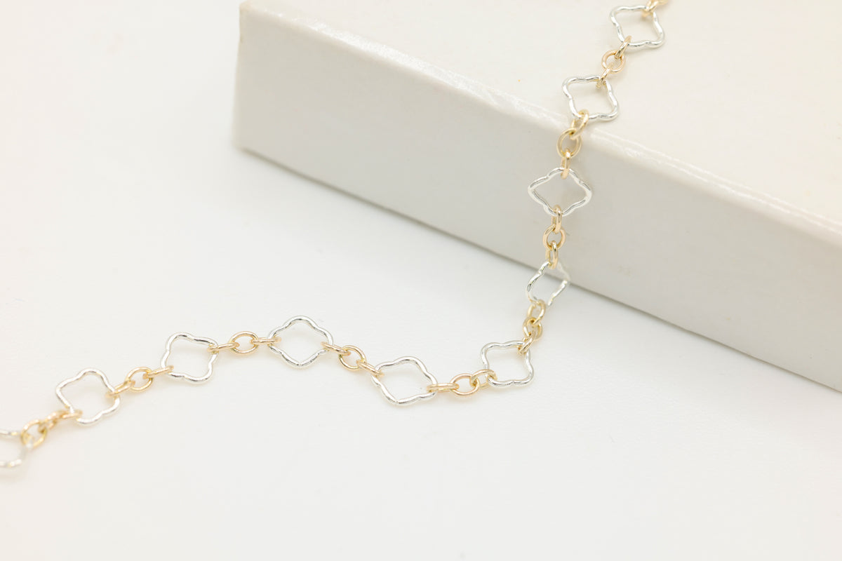 4mm Flower Long & Short Two Tone Chain, 14/20 Gold-Filled and 925 Sterling Silver, Wholesale, Pay Per Foot, Jewelry Making Chain