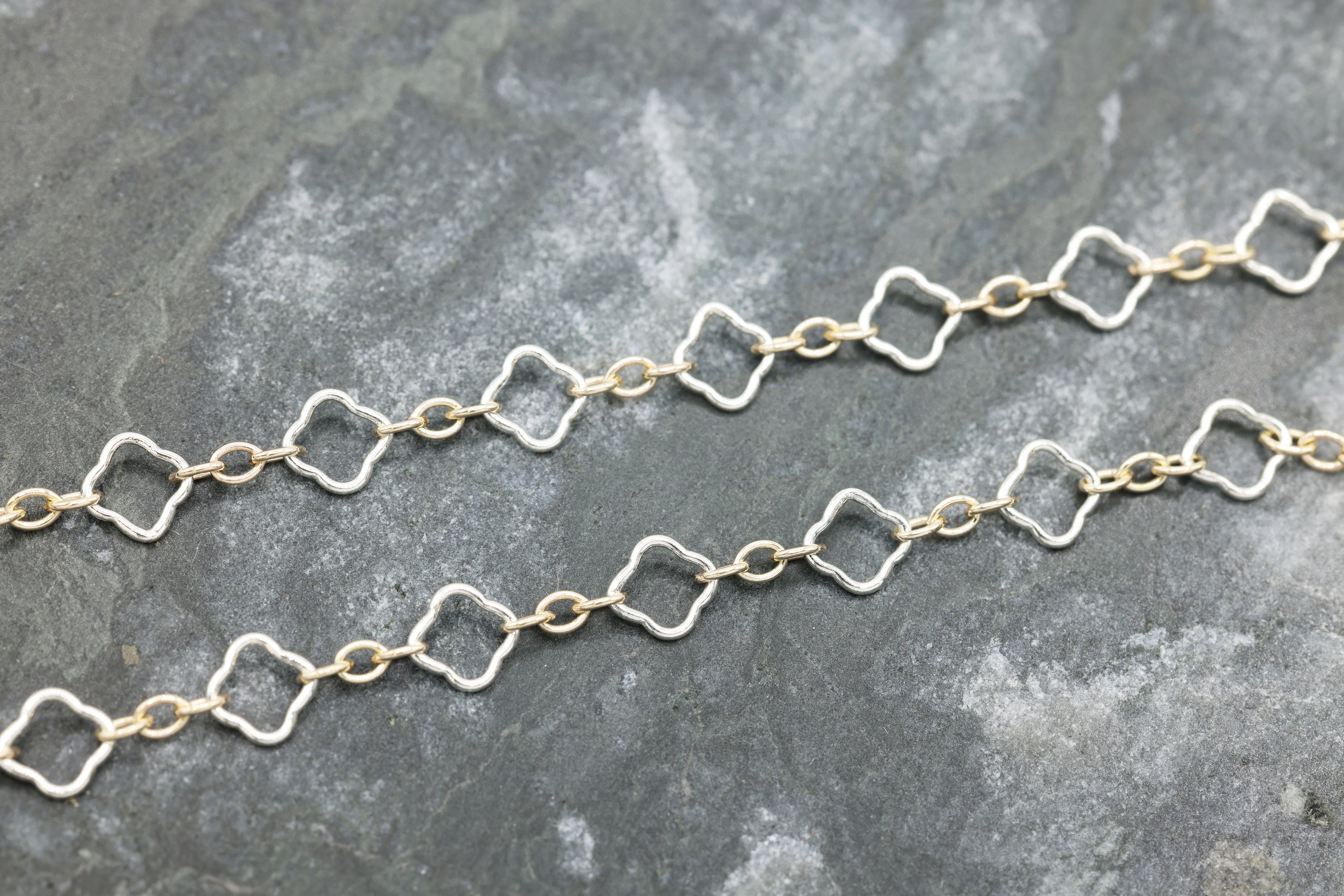 4mm Flower Long & Short Two Tone Chain, 14/20 Gold-Filled and 925 Sterling Silver, Wholesale, Pay Per Foot, Jewelry Making Chain