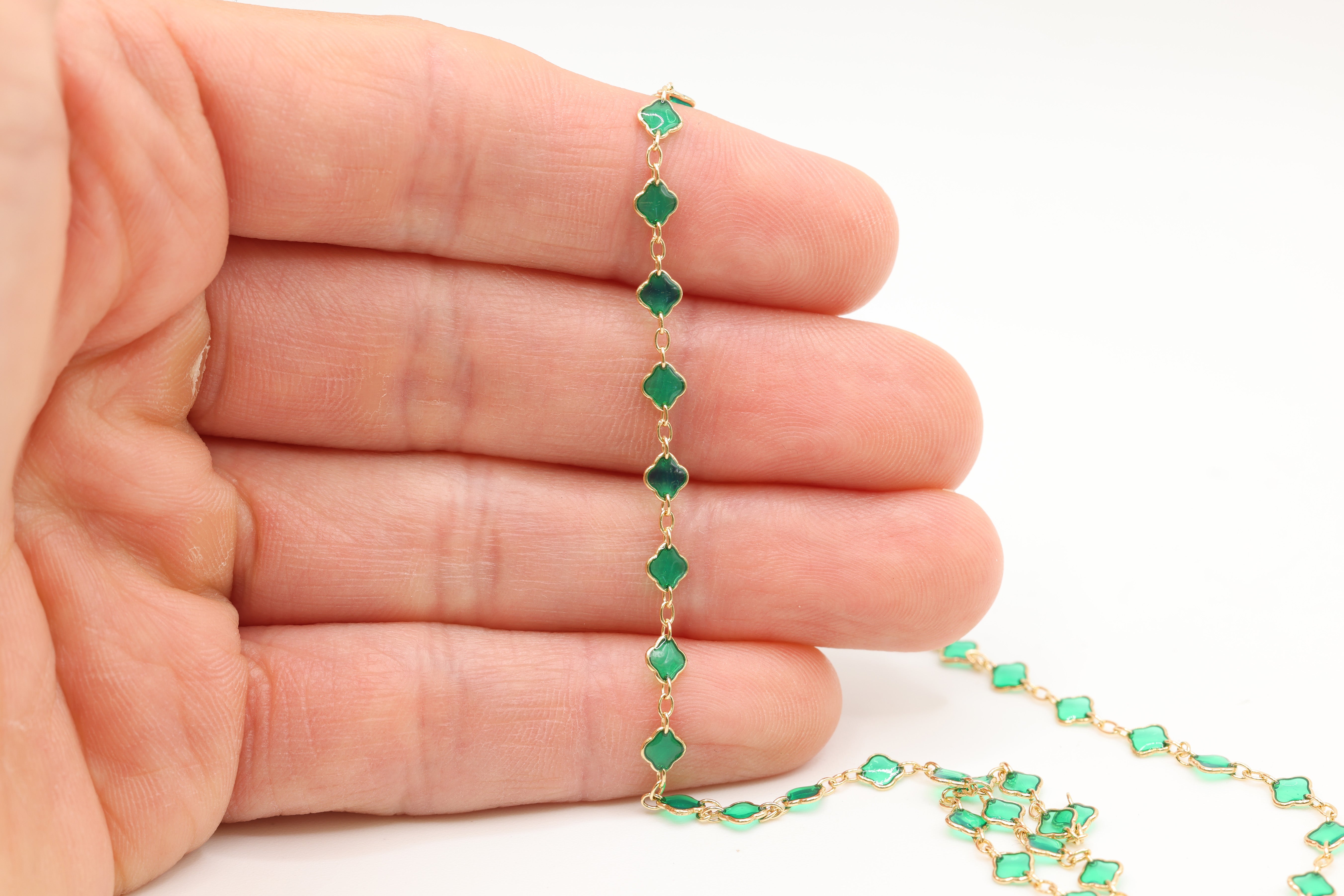 4mm Flower Green Enamel Chain, 14/20 Gold-Filled, Wholesale, Pay Per Foot, Jewelry Making Chain