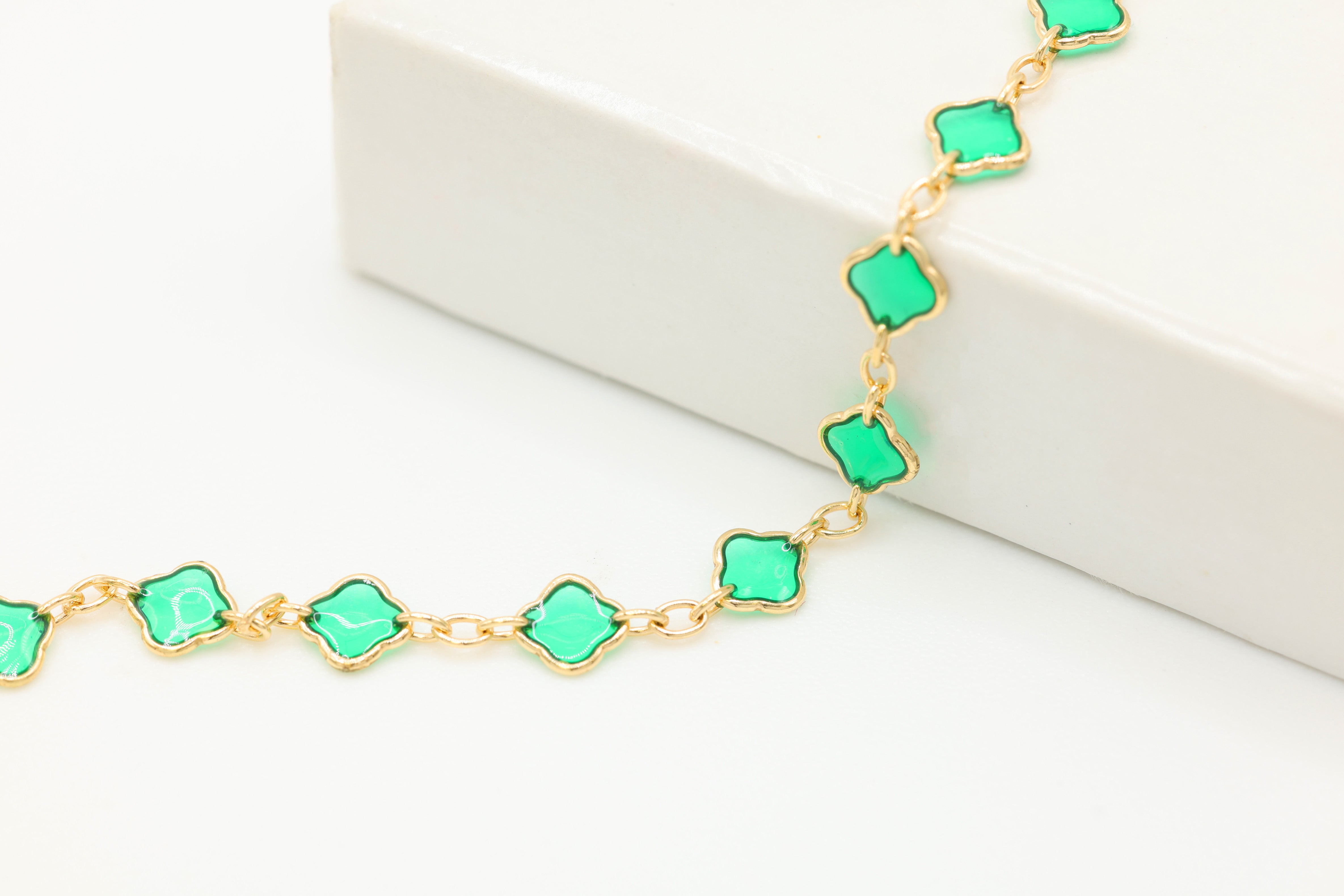 4mm Flower Green Enamel Chain, 14/20 Gold-Filled, Wholesale, Pay Per Foot, Jewelry Making Chain