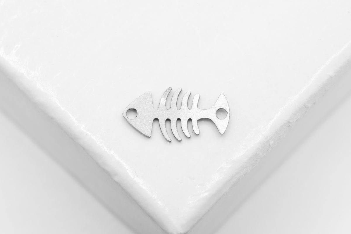 Fish Skeleton Connector Charm, 925 Sterling Silver, 10mm x 5mm, Wholesale, Jewelry Making Charm