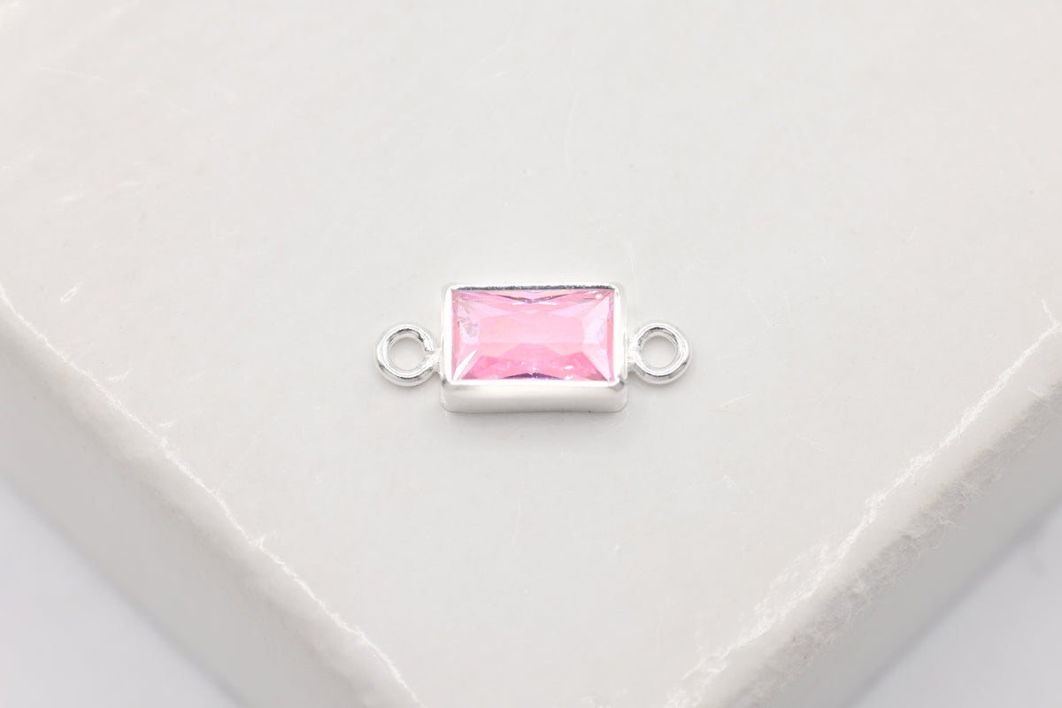 Pink CZ Rectangle Charm, 925 Sterling Silver, 5mm x 3mm, Jewelry Making Charm