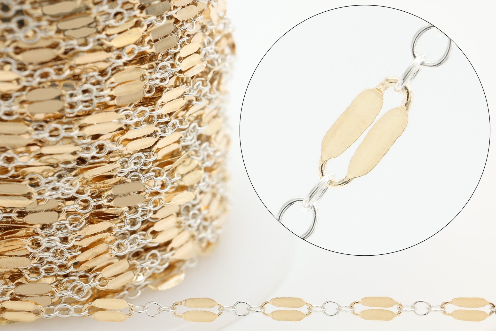 2.3mm Dapped Long & Short Two Tone Chain, 14/20 Gold-Filled and 925 Sterling Silver, Wholesale, Pay Per Foot, Jewelry Making Chain - HarperCrown