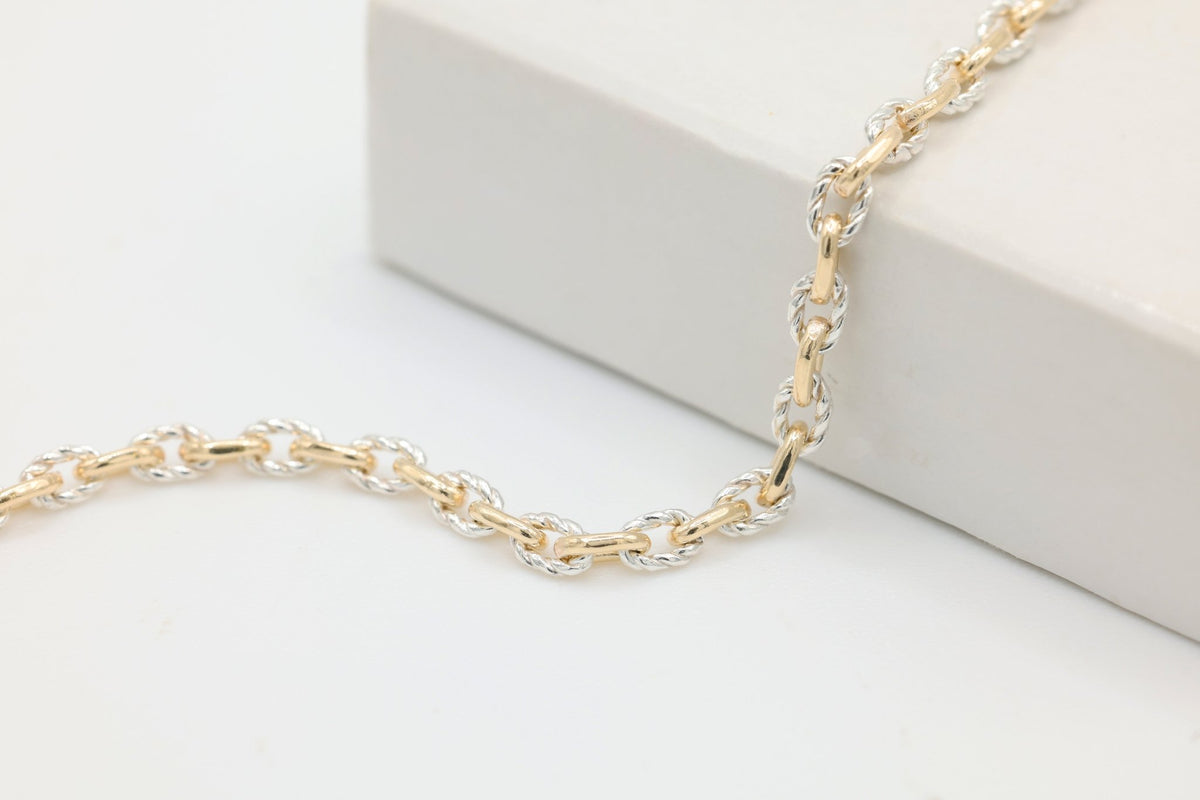2.5mm Cable Knurled Two Tone Chain, 14/20 Gold-Filled and 925 Sterling Silver, Wholesale, Pay Per Foot, Jewelry Making Chain - HarperCrown