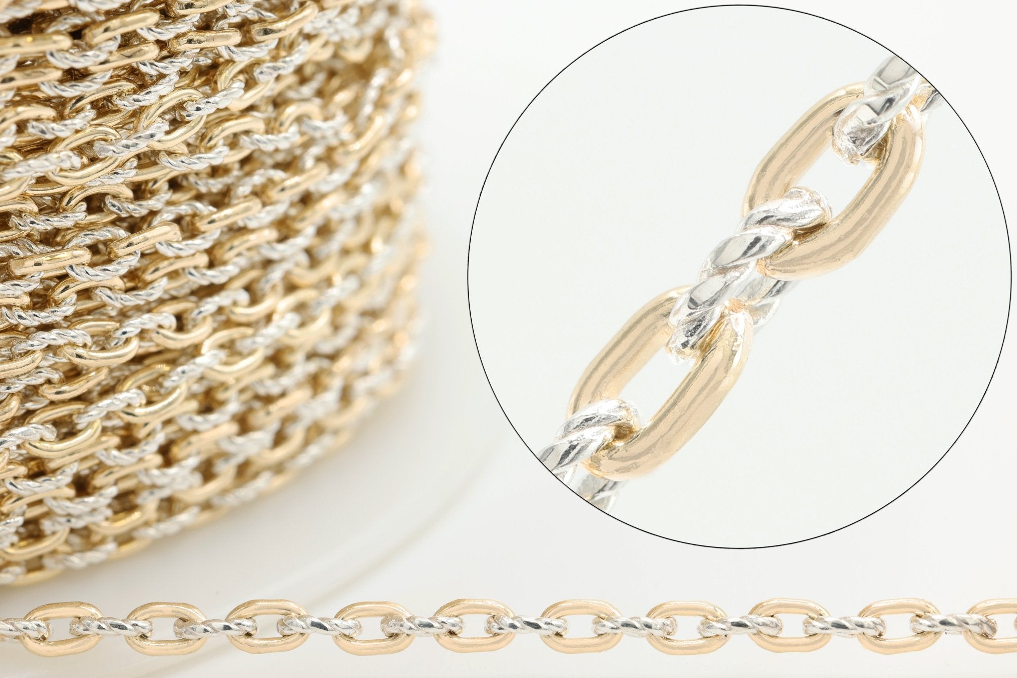2.5mm Cable Knurled Two Tone Chain, 14/20 Gold-Filled and 925 Sterling Silver, Wholesale, Pay Per Foot, Jewelry Making Chain - HarperCrown