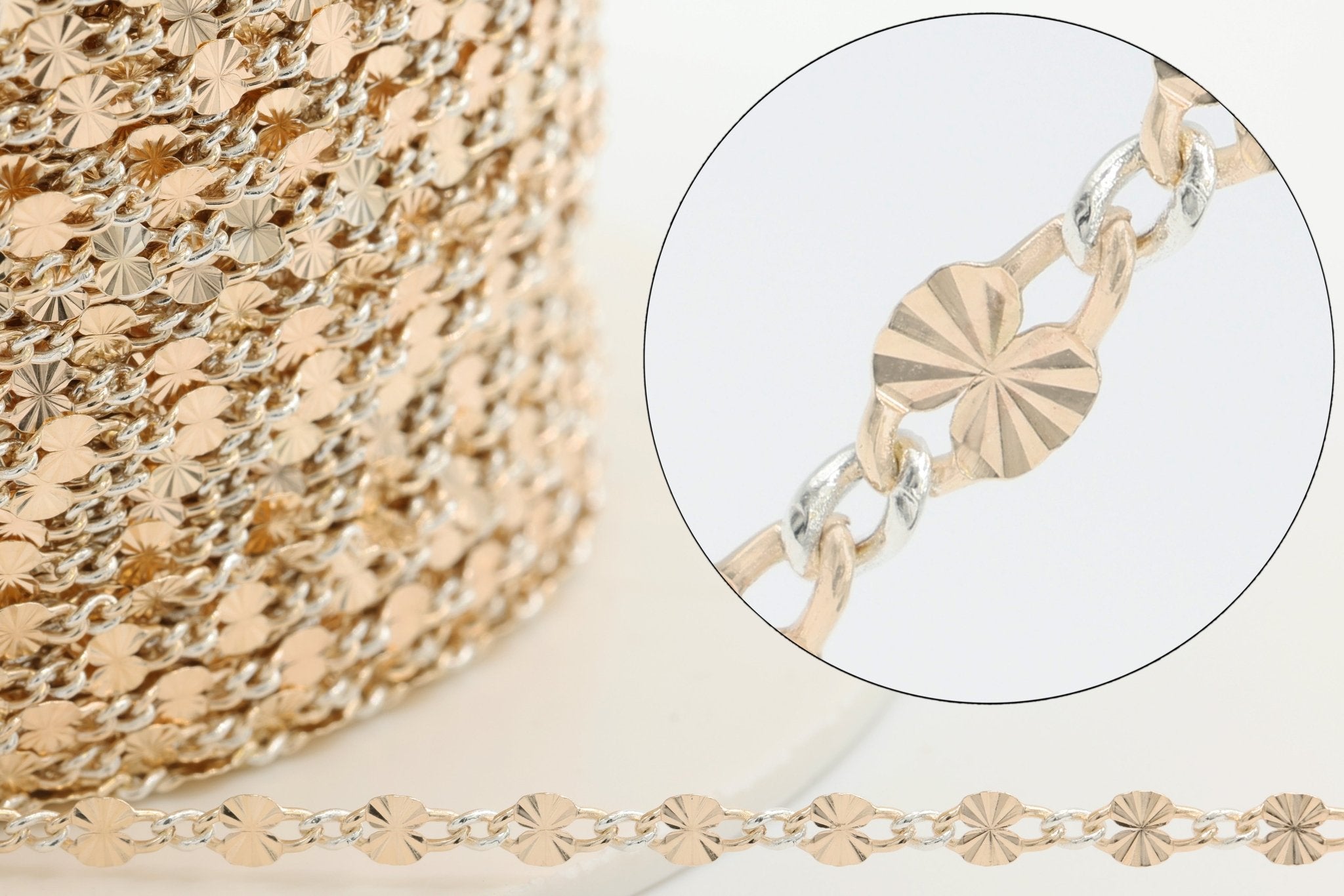 2.5mm Starburst Two Tone Chain, 14/20 Gold - Filled and 925 Sterling Silver, Wholesale, Pay Per Foot, Permanent Jewelry Making Chain - HarperCrown