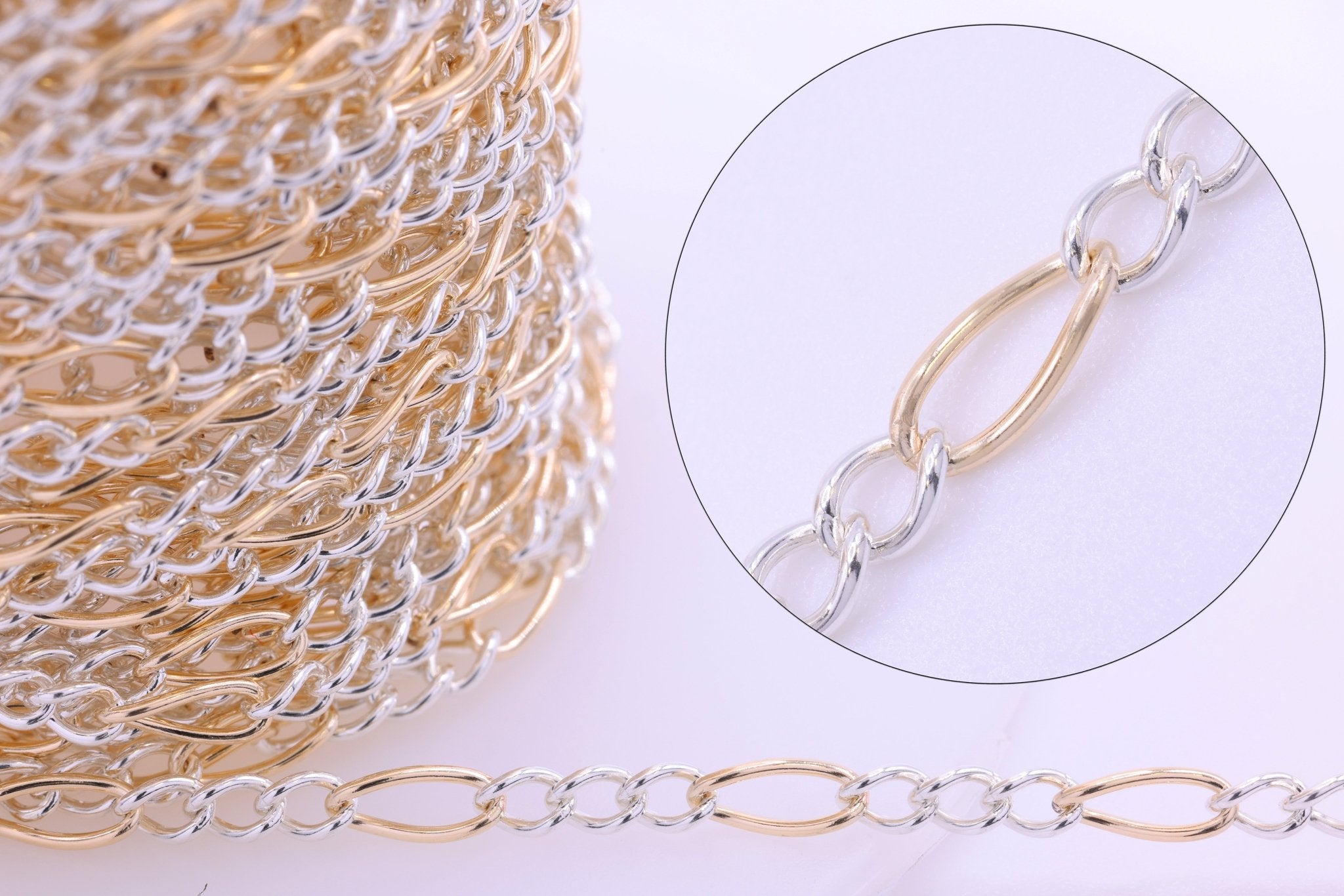 2.5mm x 6mm Figaro Two Tone Chain, 14/20 Gold - Filled and 925 Sterling Silver, Wholesale, Pay Per Foot, 3 & 1 Link Jewelry Making Chain - HarperCrown