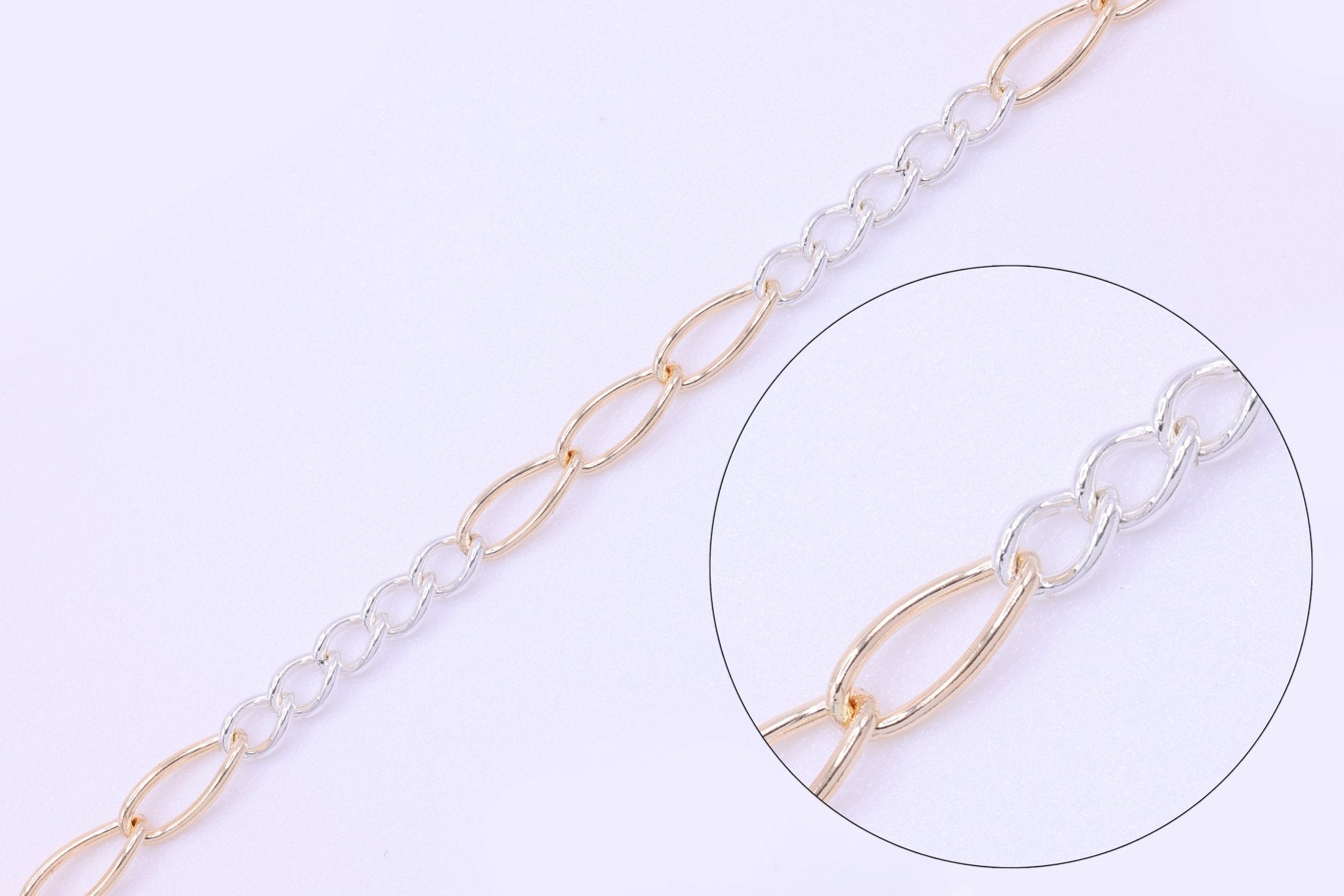 2.5mm x 6mm Figaro Two Tone Chain, 14/20 Gold - Filled and 925 Sterling Silver, Wholesale, Pay Per Foot, 5 & 3 Link Jewelry Making Chain - HarperCrown