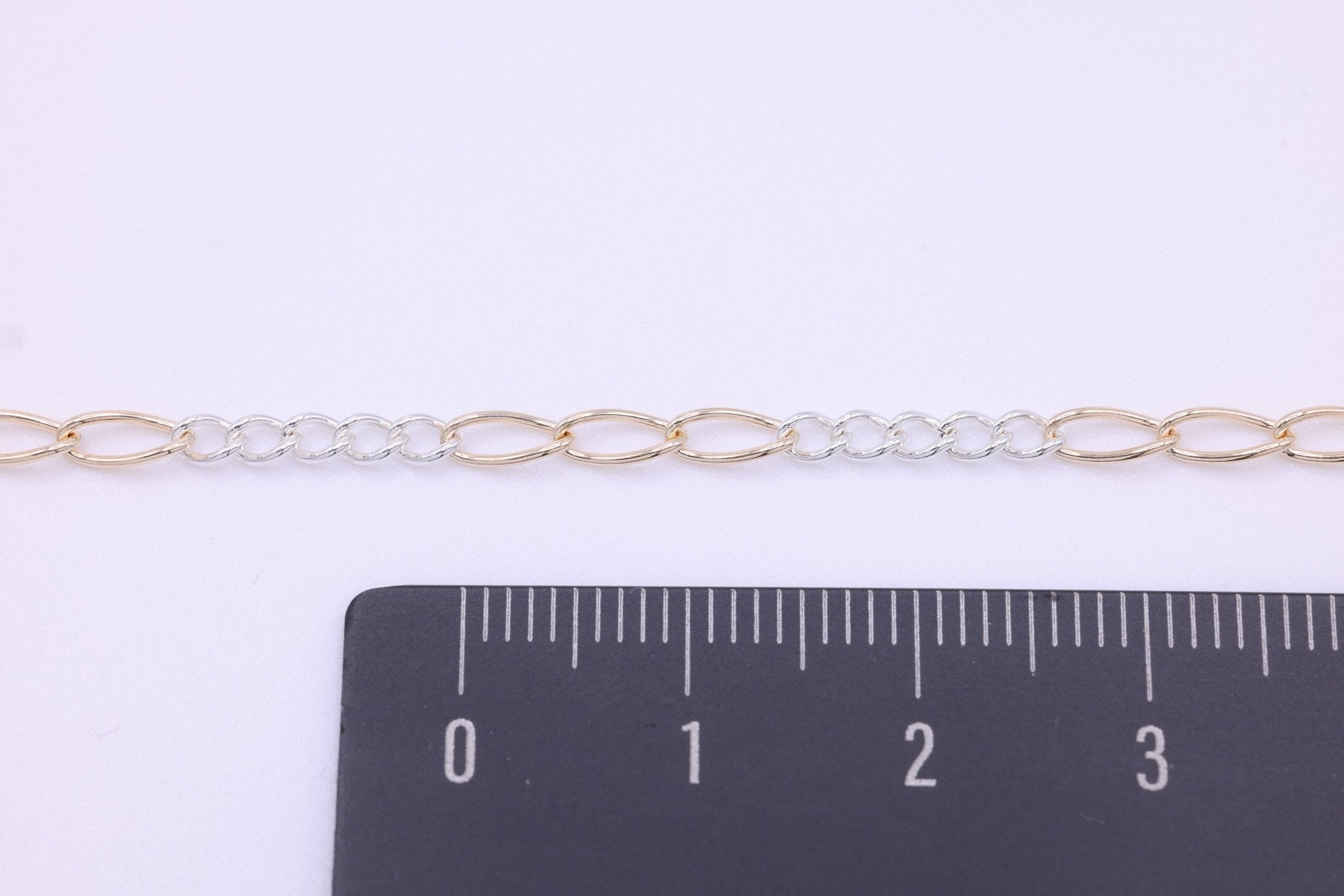 2.5mm x 6mm Figaro Two Tone Chain, 14/20 Gold - Filled and 925 Sterling Silver, Wholesale, Pay Per Foot, 5 & 3 Link Jewelry Making Chain - HarperCrown