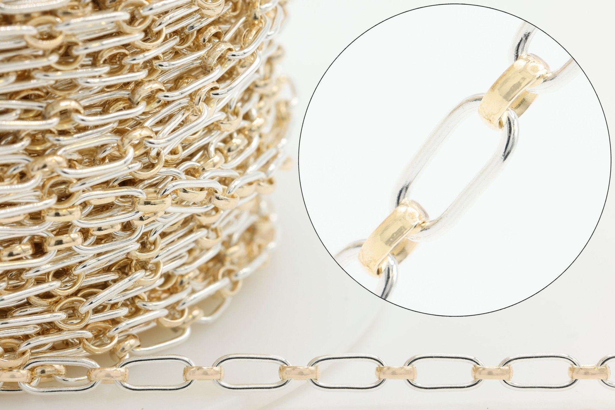 2.5mm x 6mm Long & Short Two Tone Chain, 14/20 Gold-Filled and 925 Sterling Silver, Wholesale, Pay Per Foot, 1 & 1 Link Jewelry Making Chain - HarperCrown