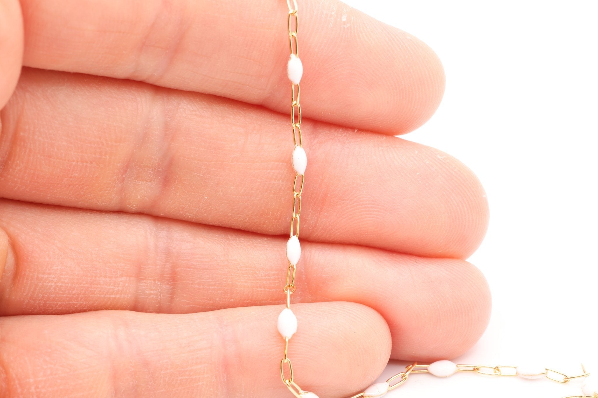 2mm x 2.5mmmm Paperclip White Enamel Chain, Gold - Filled, Enamel Color Unfinished Chain Permanent Jewelry - HarperCrown